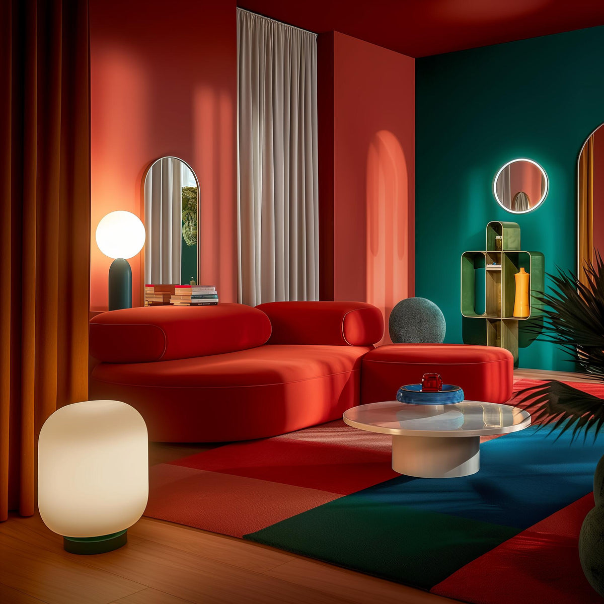 Warm living room with a red modular sofa, a round coffee table and globe lamps