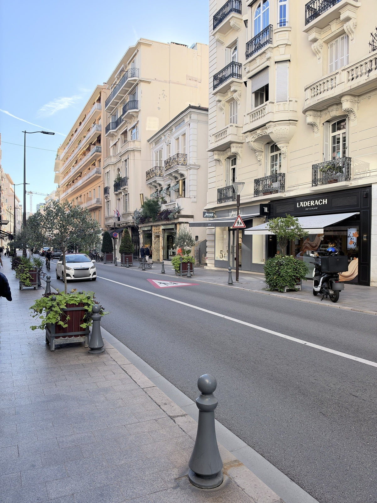 Monaco shopping street with Belle Époque apartment buildings, shopfronts and planted olive trees