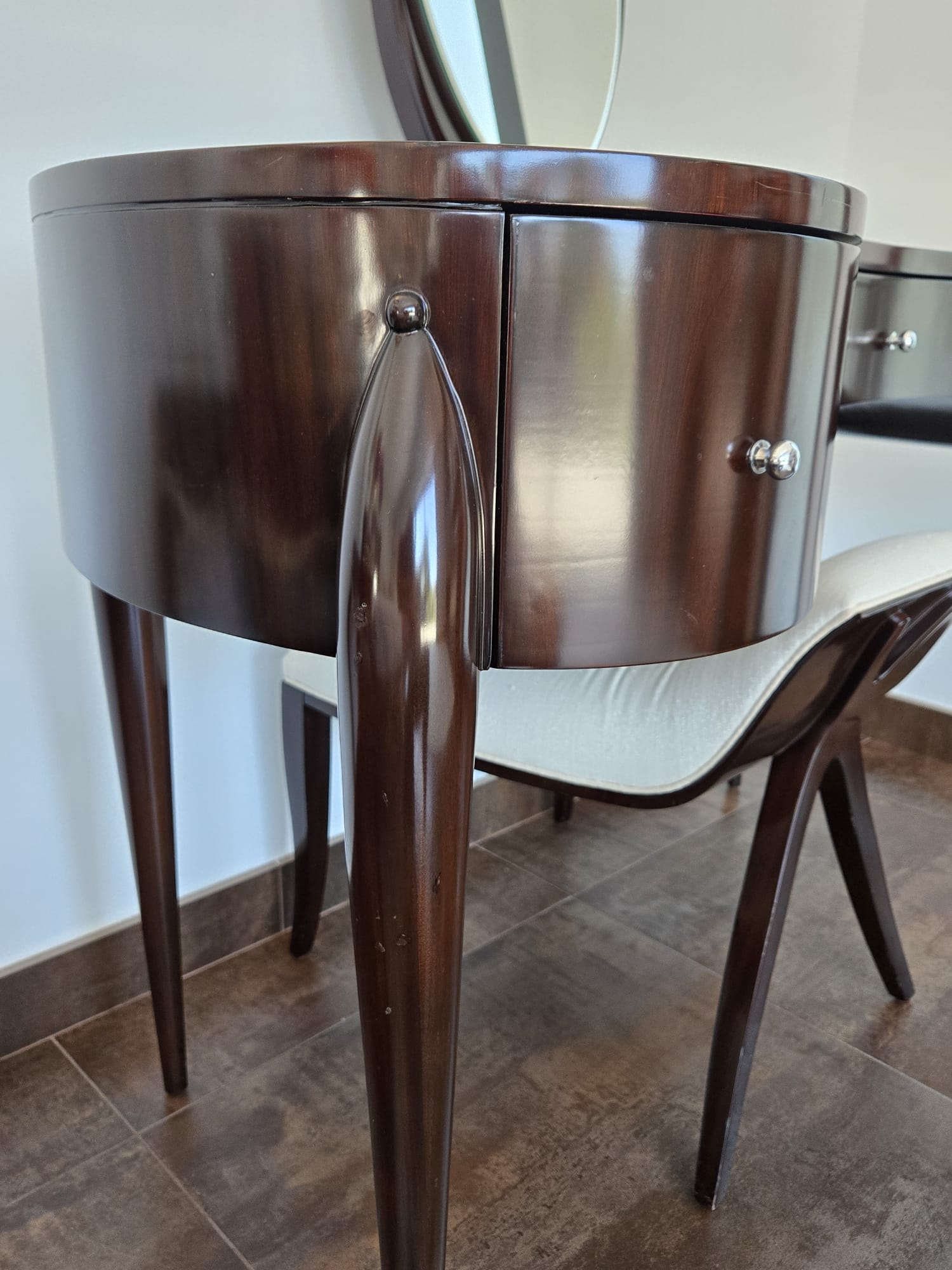 Marina Fogg Allegra dressing table with mirror and stool featuring a sculptural curved design and sleek wood finish.