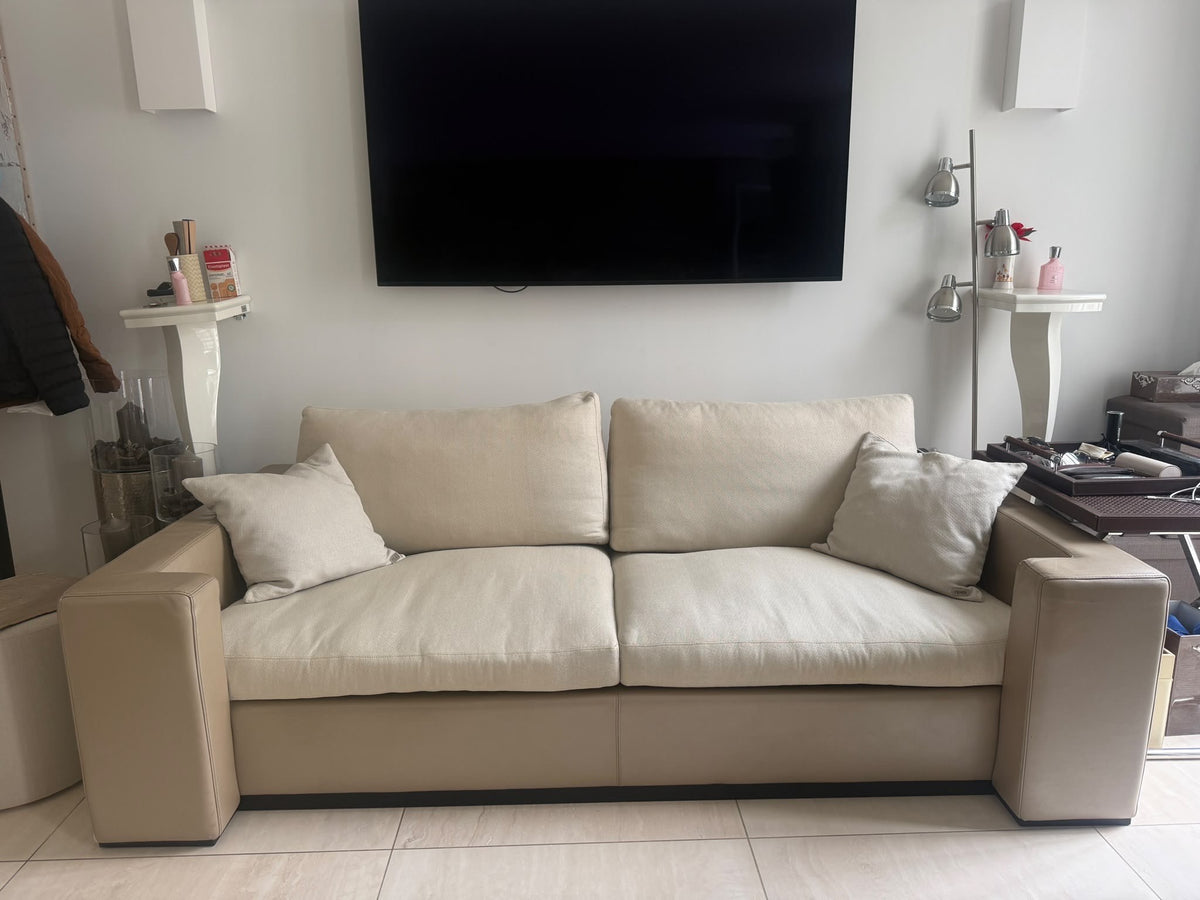 Fendi Casa Sofa in Taupe Leather and Cream Fabric