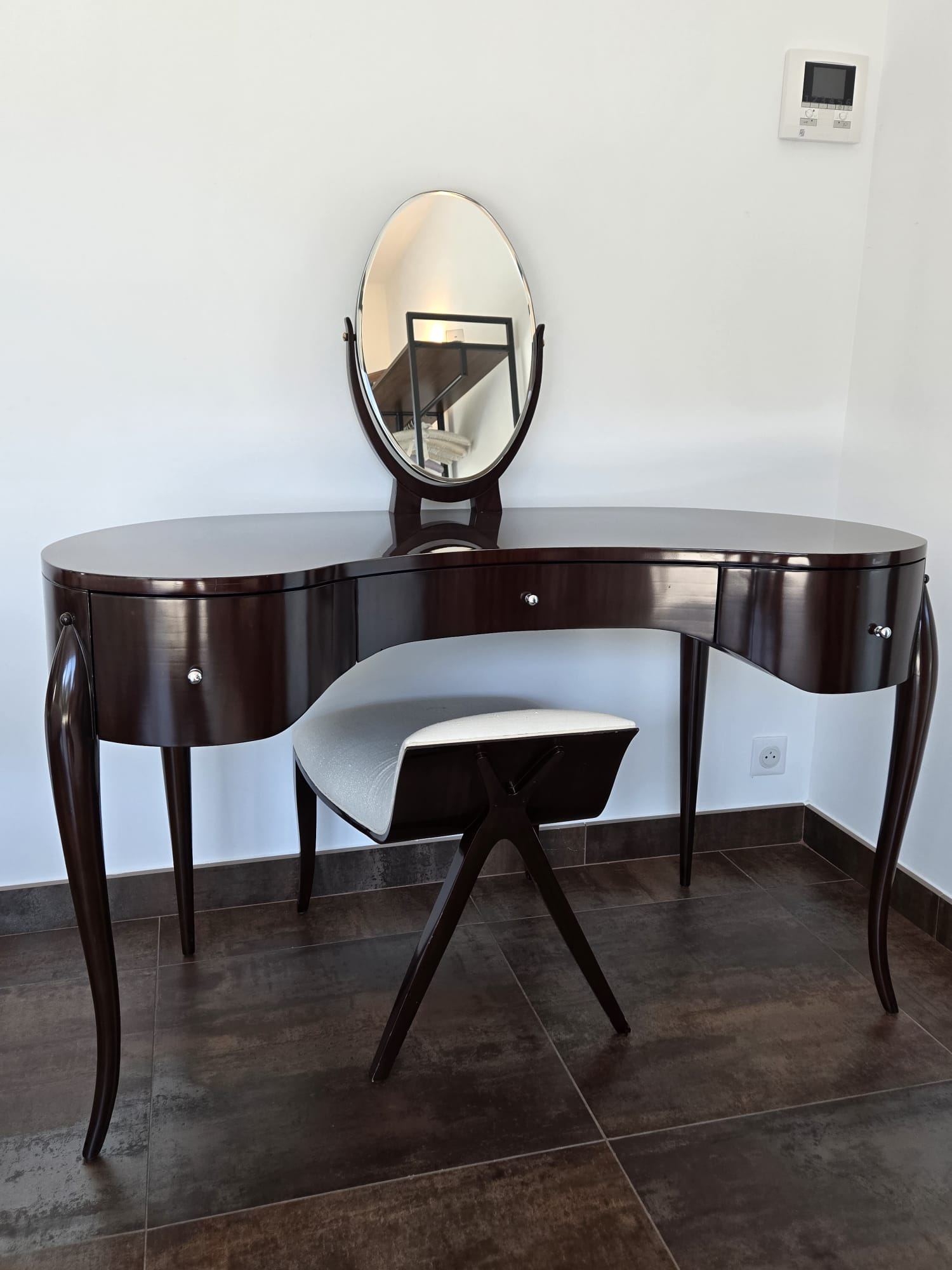 Marina Fogg Allegra dressing table with mirror and stool featuring a sculptural curved design and elegant wooden finish.