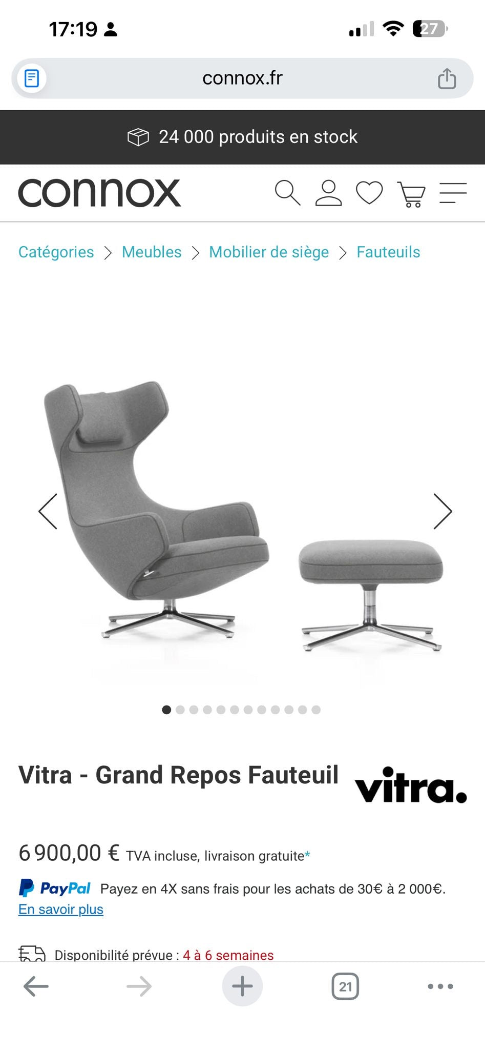 Vitra Grand Repos lounge chair with matching ottoman by Jack Whatsapp, featuring plush upholstery and modern design.