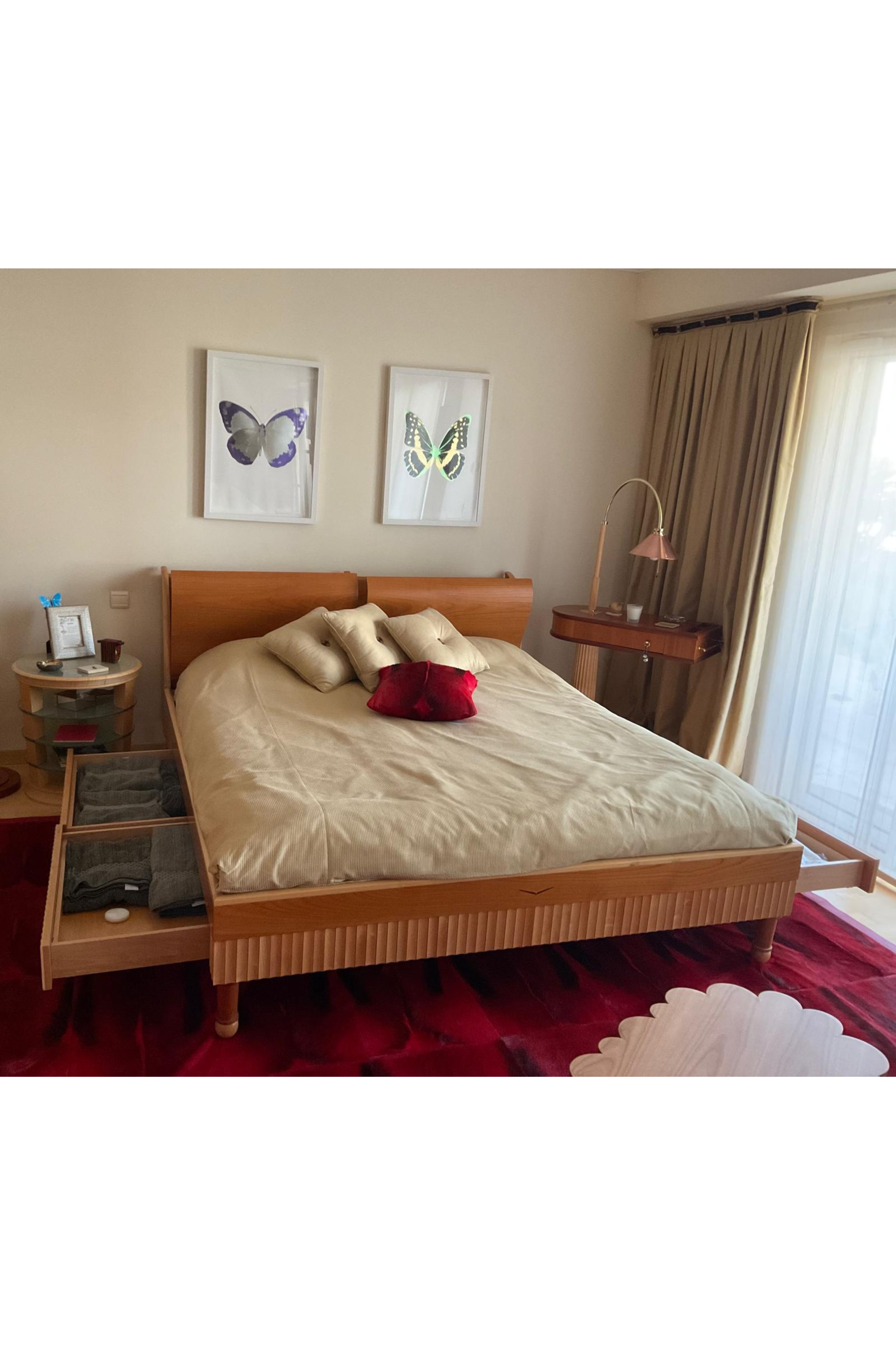 ASSARAF Monika designer maple and cherry wood bed with storage, in excellent condition, featuring a 235×185cm frame and sleek design.