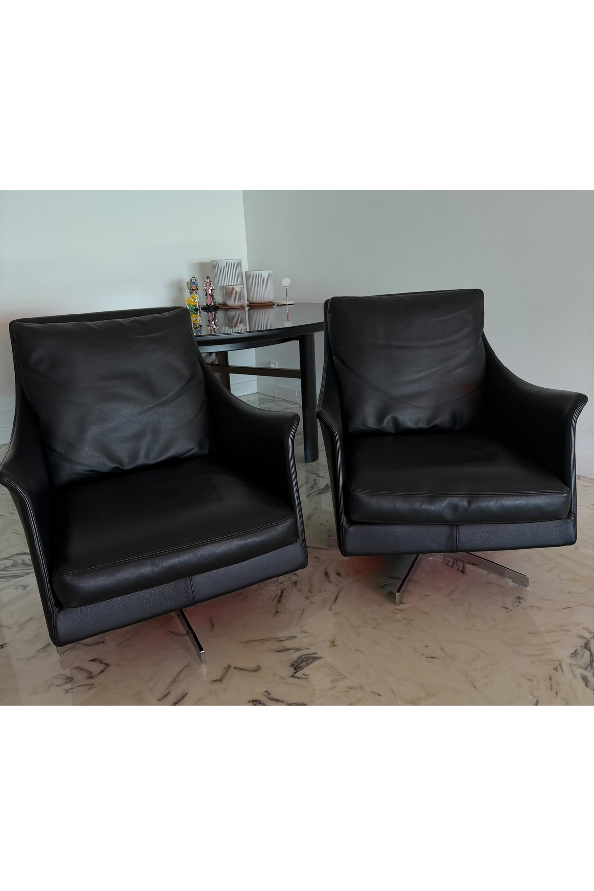 Pair of Flexform Boss Black Leather Swivel Armchairs