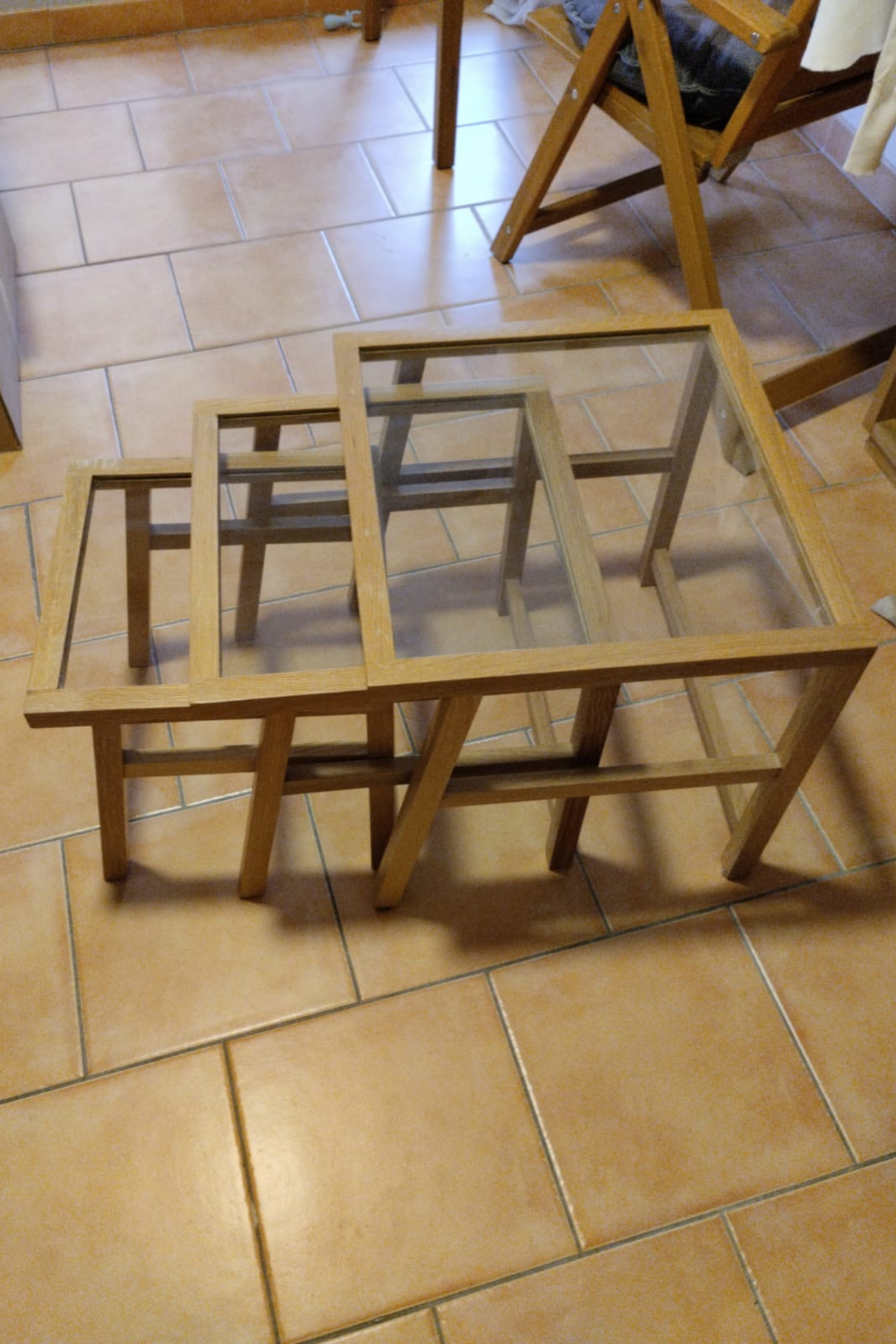 Lot de 3 tables gigognes Habitat Chêne et Verre