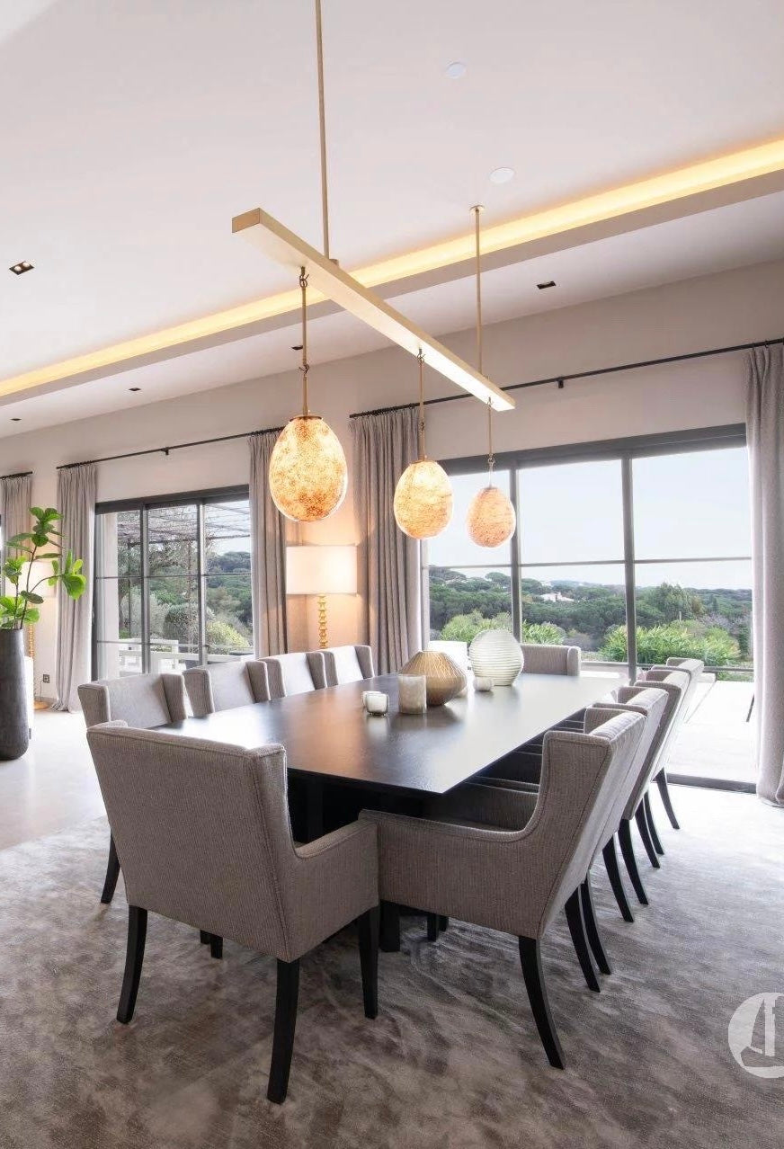 Brass Linear Pendant Light with Three Amber Glass Shades - Meubles Monaco