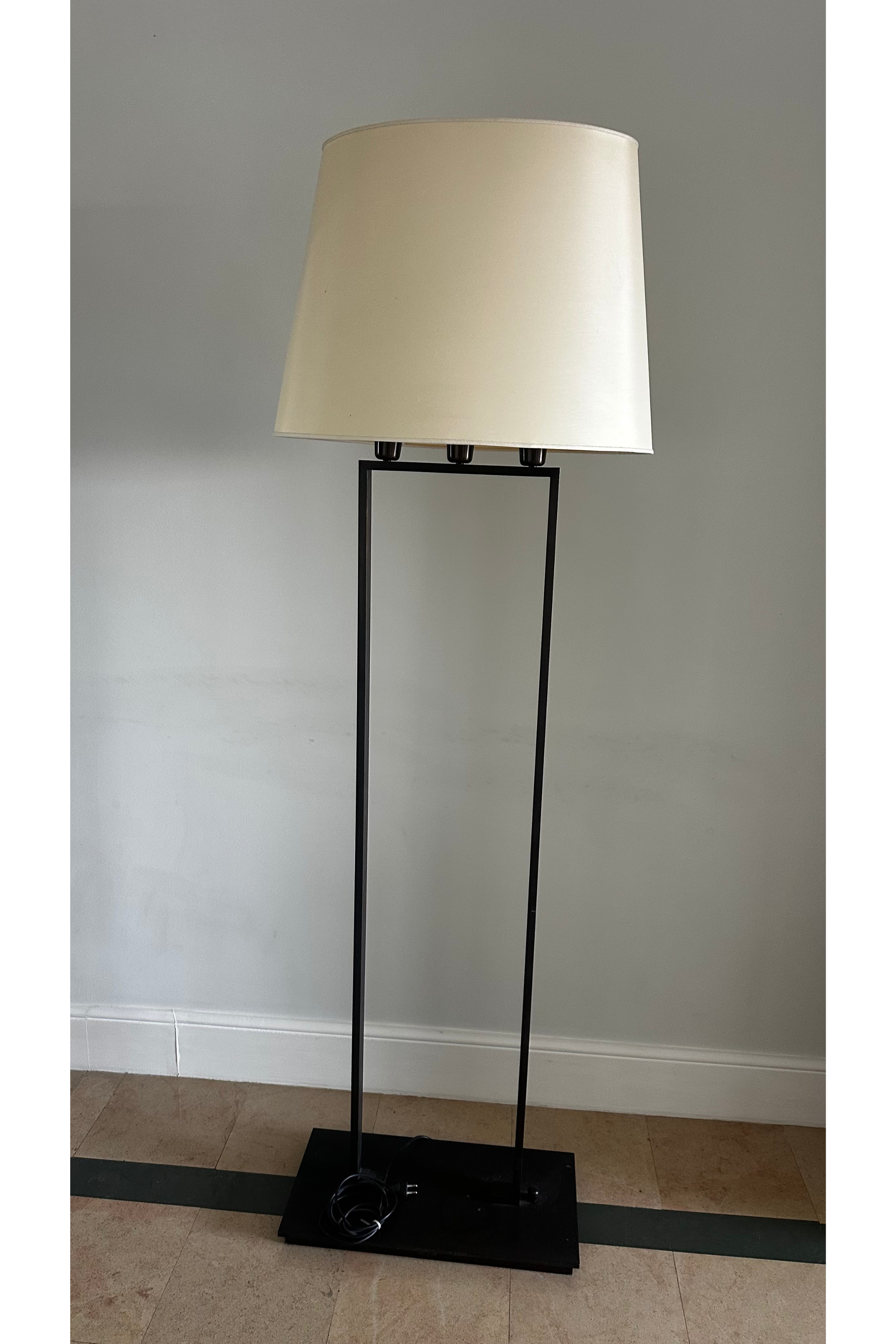 Pair of Contemporary Bronze Black Metal Floor Lamps with Cream Shades