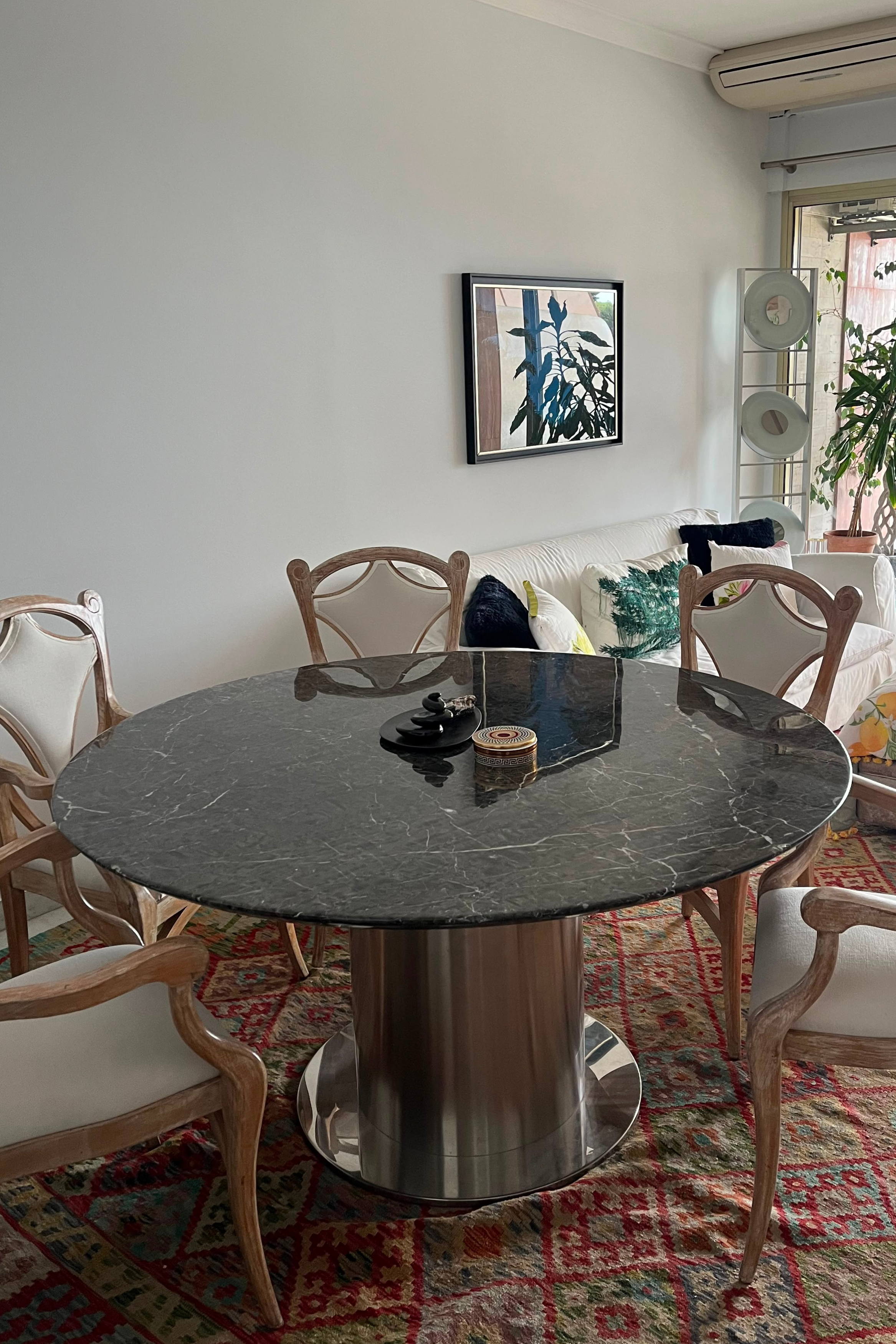 Contemporary Round Black Marble Dining Table with Stainless Steel Pedestal Base