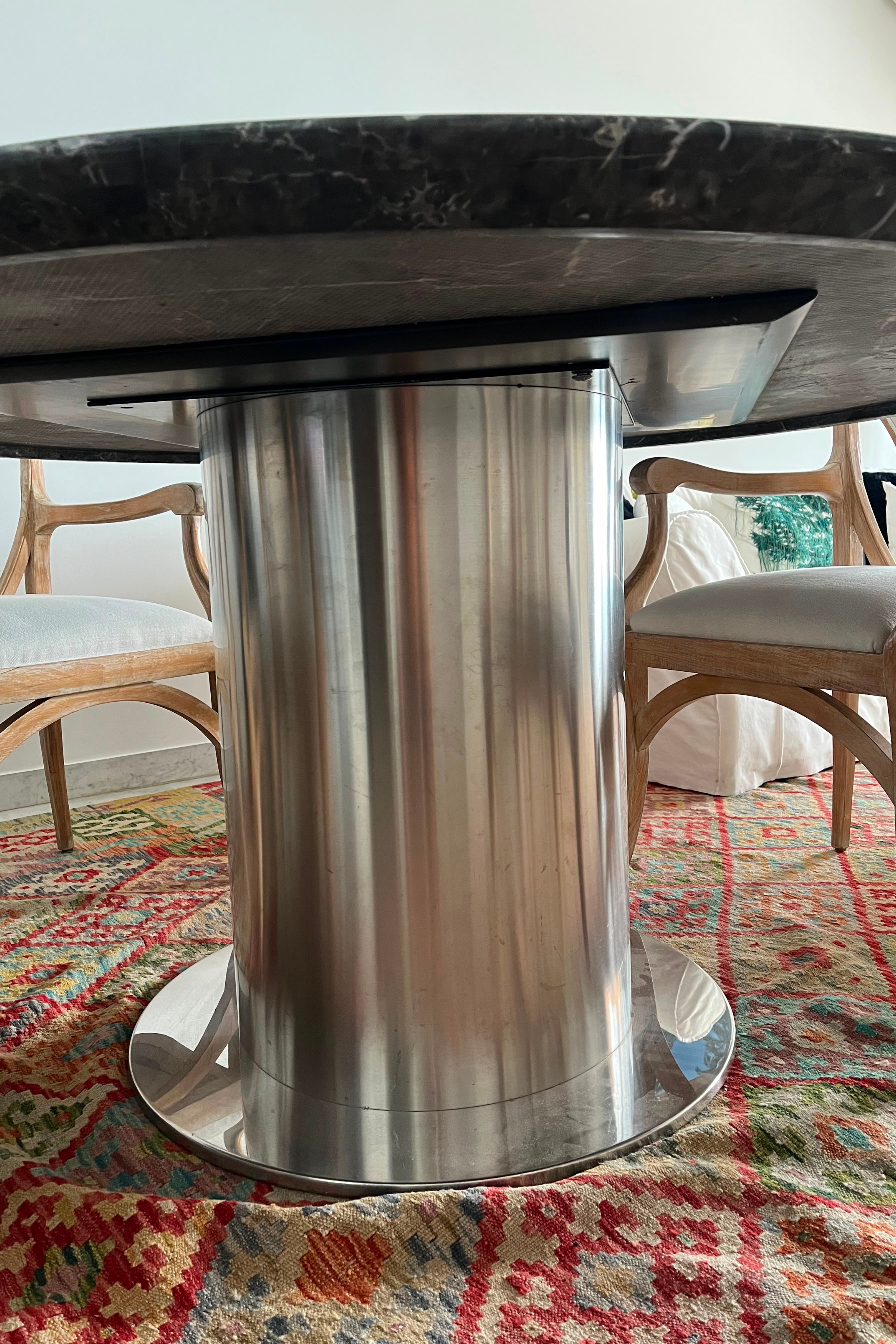 Contemporary Round Black Marble Dining Table with Stainless Steel Pedestal Base