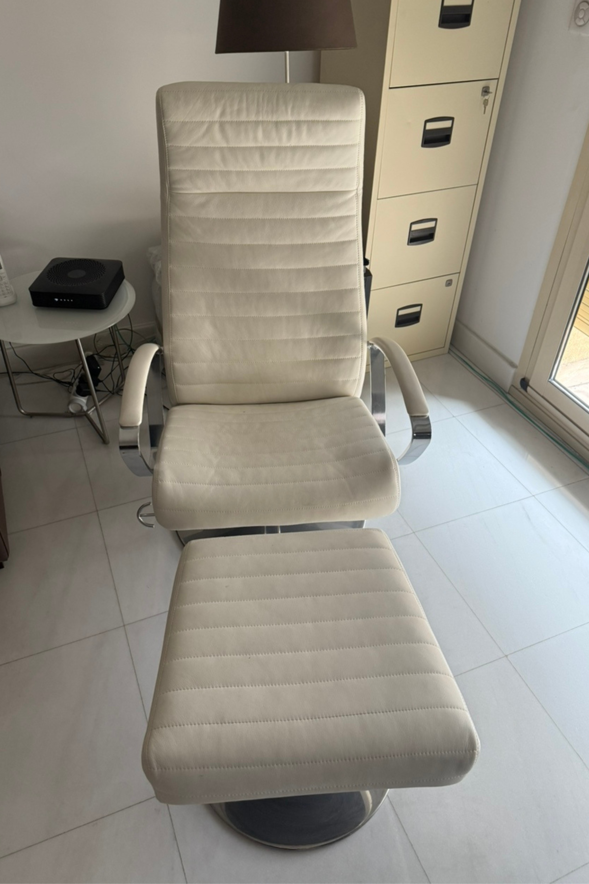 Modern White Leather Lounge Chair and Footstool - REDUCED - Meubles Monaco