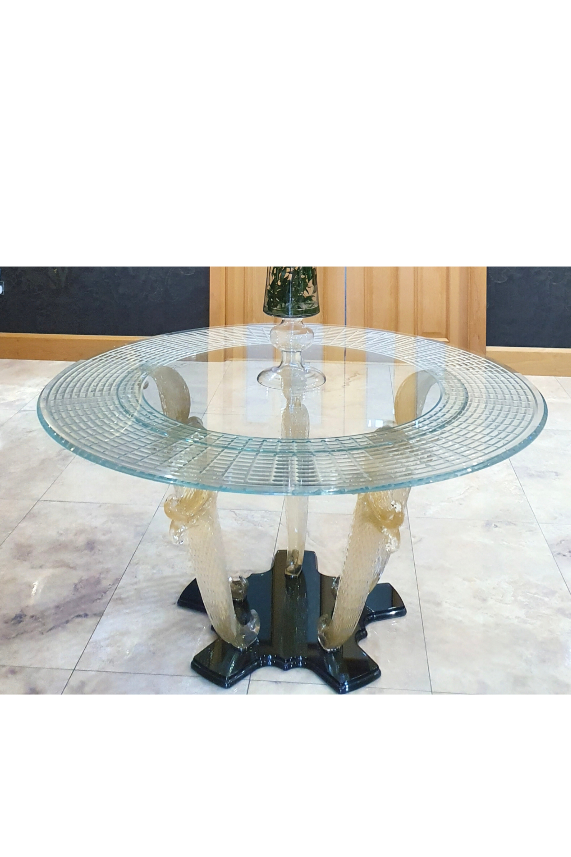 Marina Fogg Reflex Casanova 72 dining table with Murano glass top and gold leaf accents, elegant and modern furniture piece