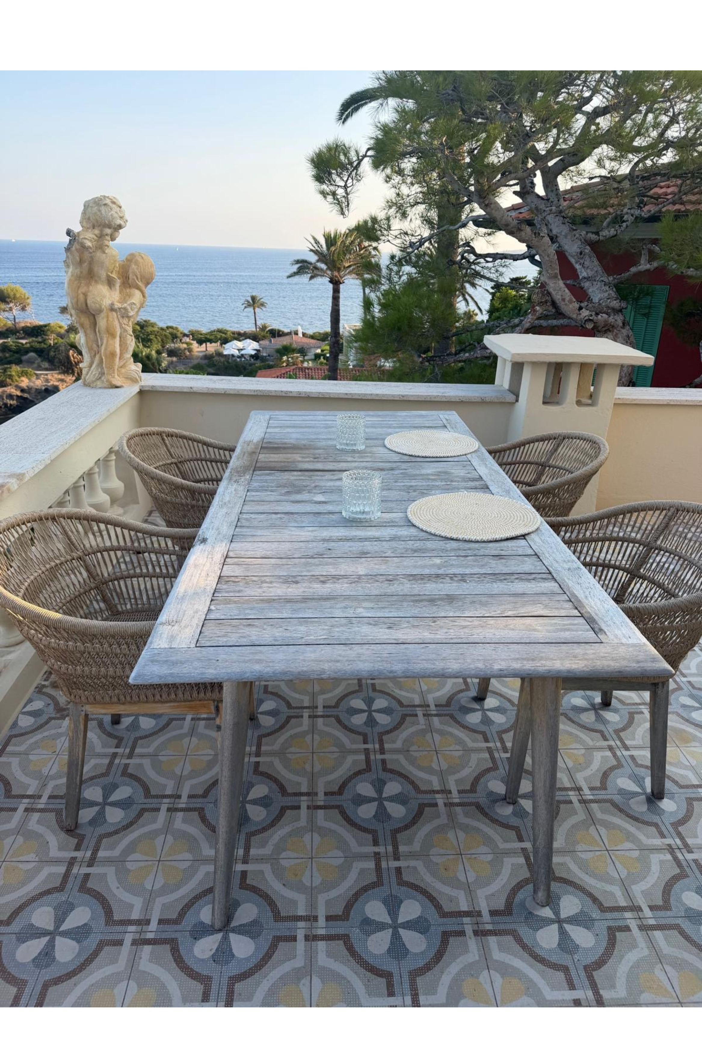Weathered Teak Outdoor Dining Set with Four Rope Dining Chairs