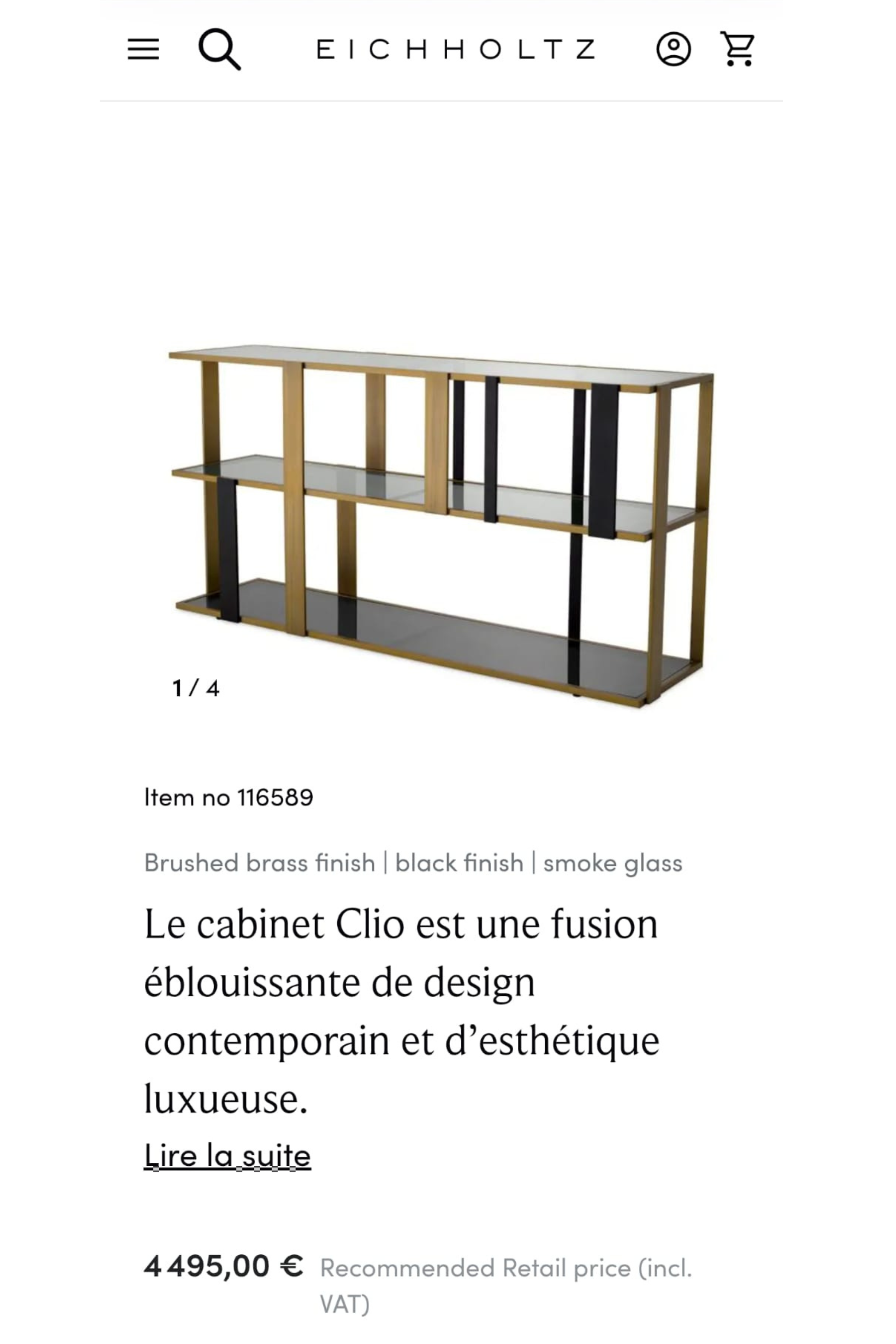 Eichholtz Clio console cabinet with brushed brass finish and smoked glass doors, featuring sleek modern design.
