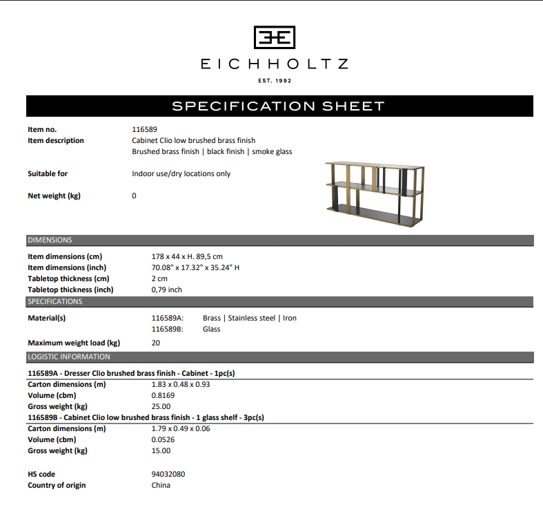 Eichholtz Clio console cabinet with brushed brass finish and smoked glass panels, showcasing a sleek sideboard design.