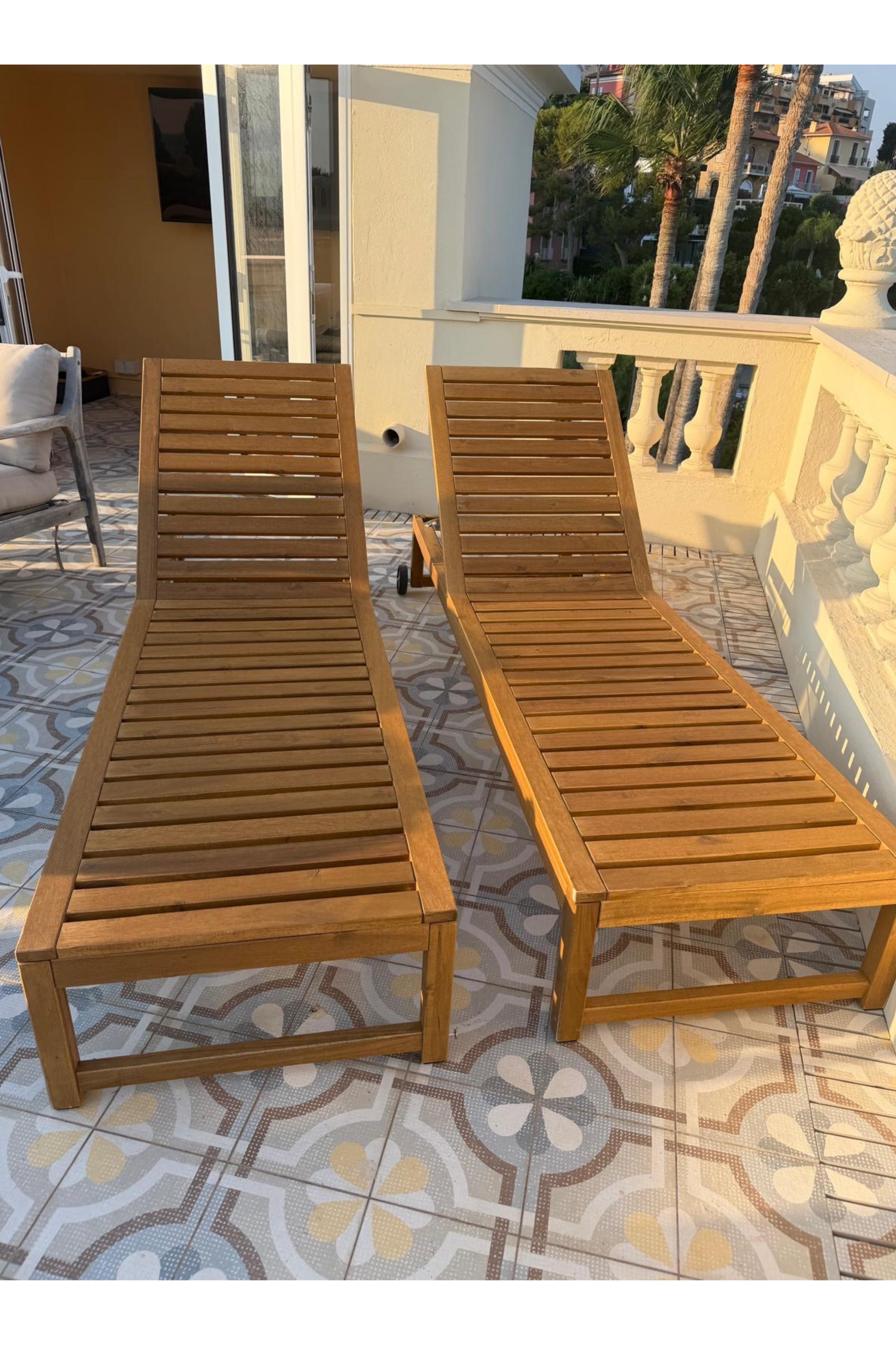 Pair of Adjustable Teak Sun Loungers with Cushions