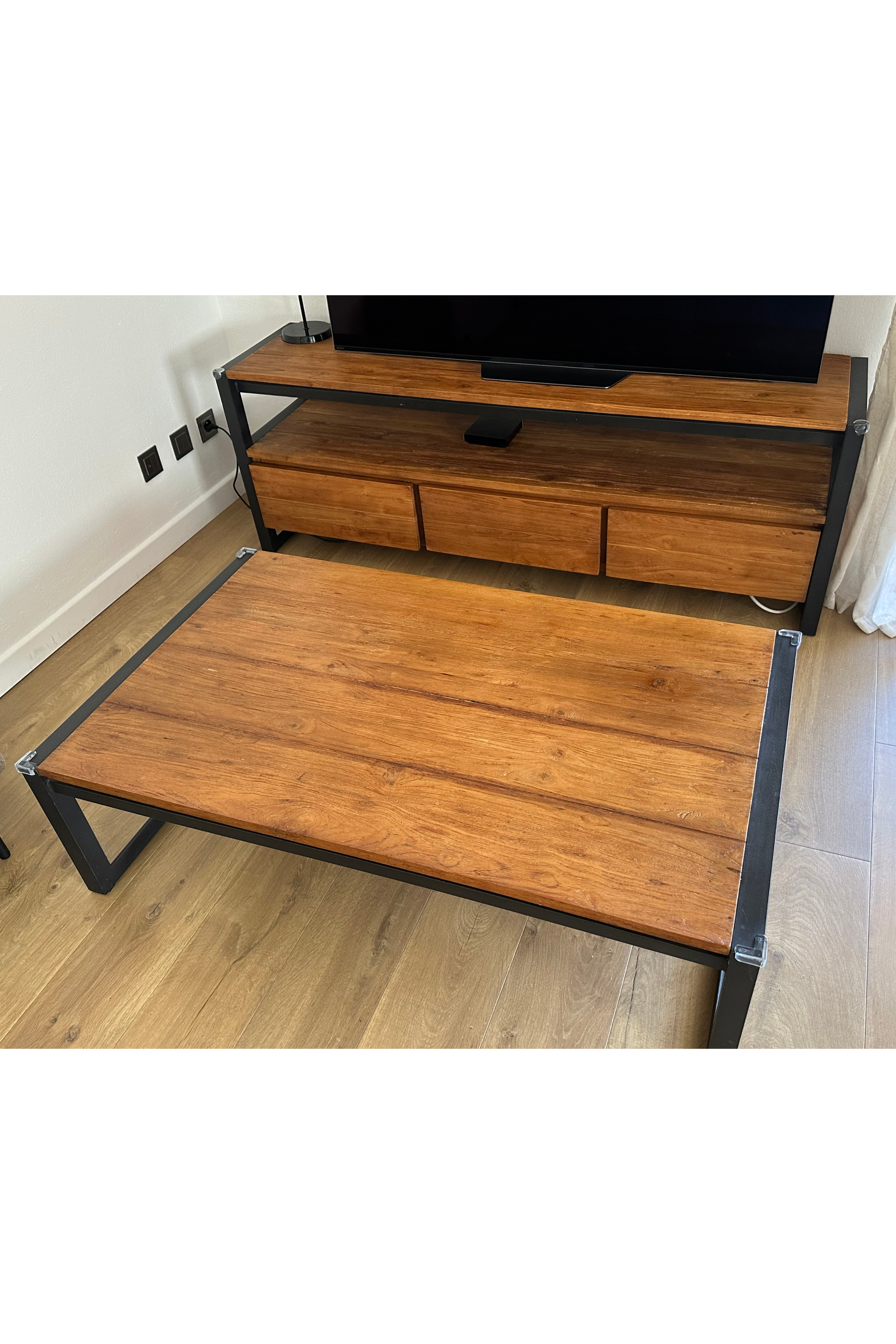 Teak & Black Metal TV Unit + Coffee Table Set - Meubles Monaco