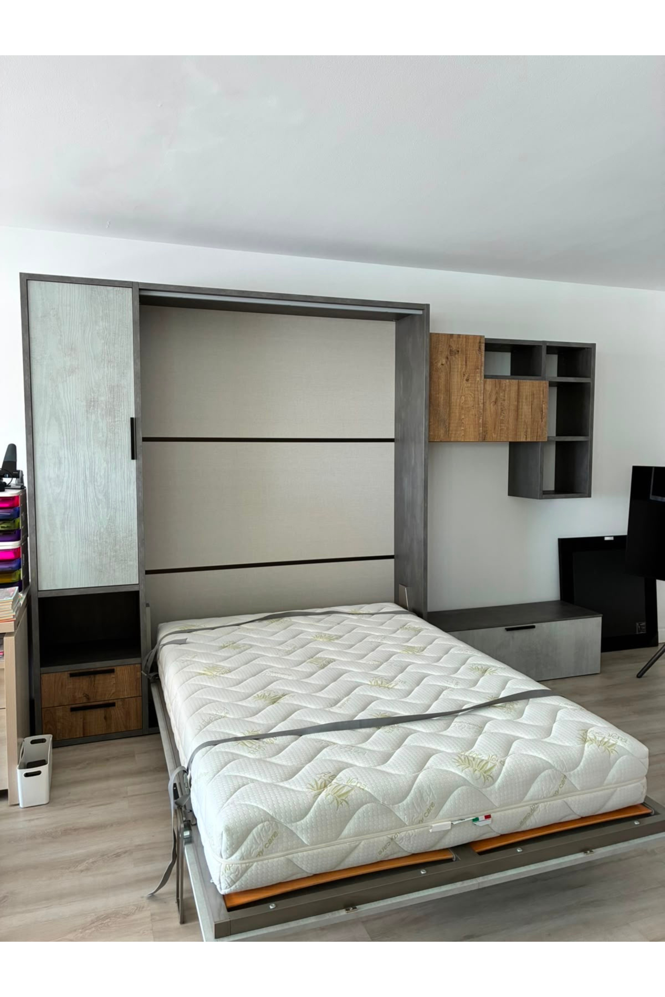 Italian Wall Bed with Integrated Storage & Shelving