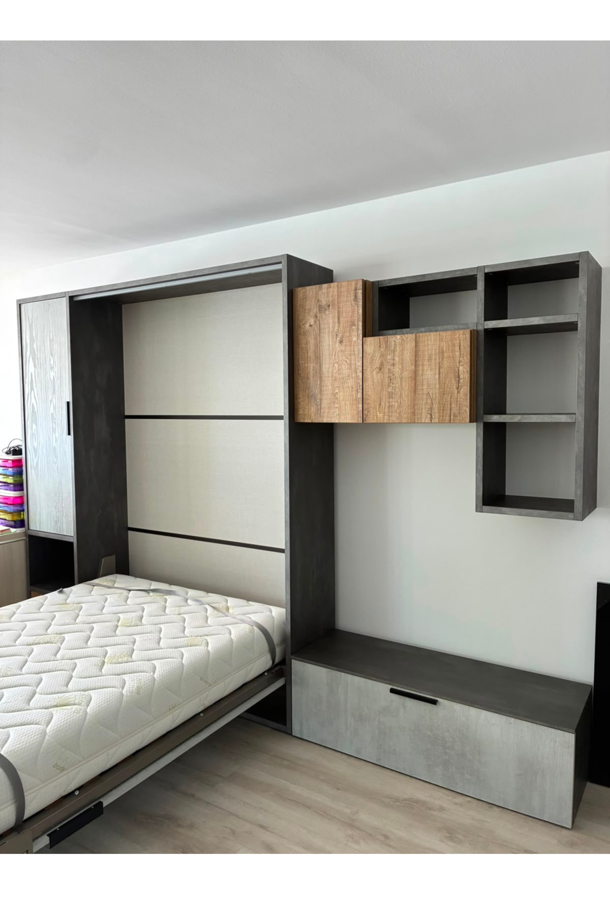 Italian Wall Bed with Integrated Storage & Shelving