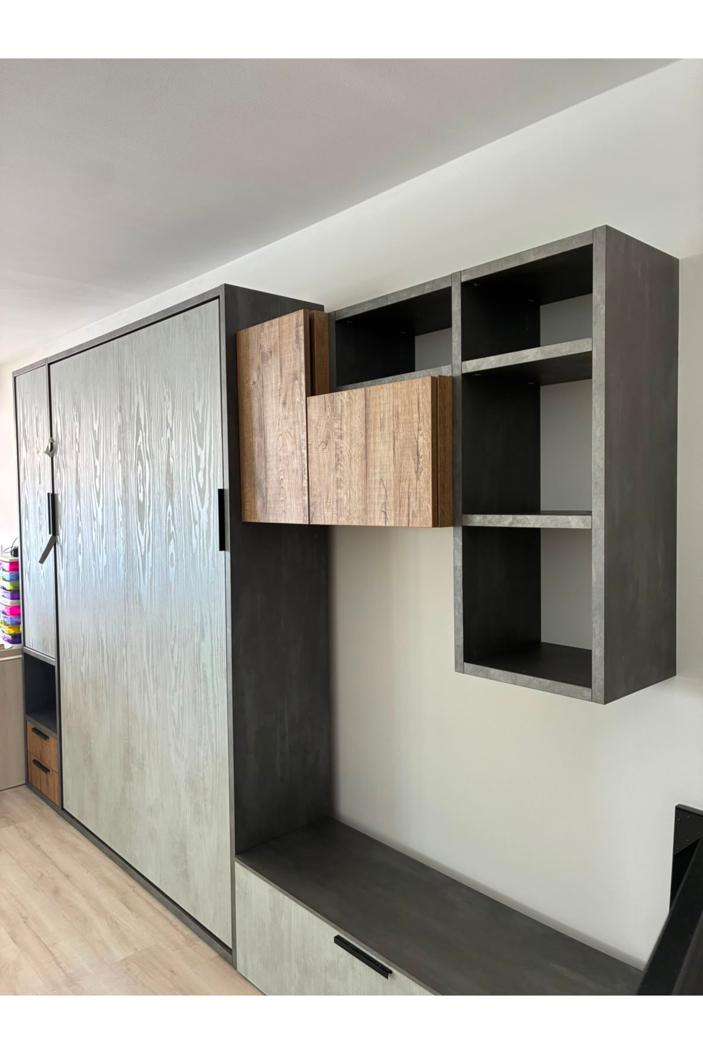 Italian Wall Bed with Integrated Storage & Shelving