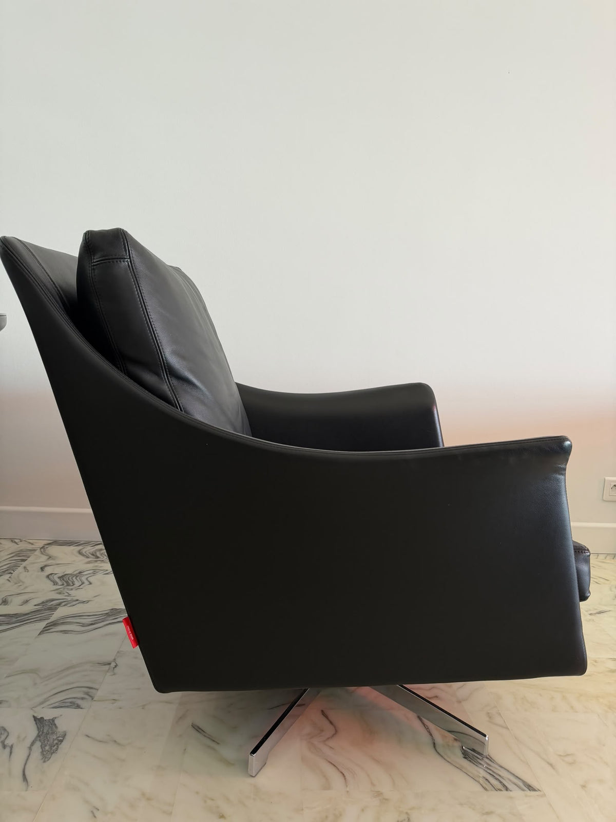 Pair of Flexform Boss Black Leather Swivel Armchairs