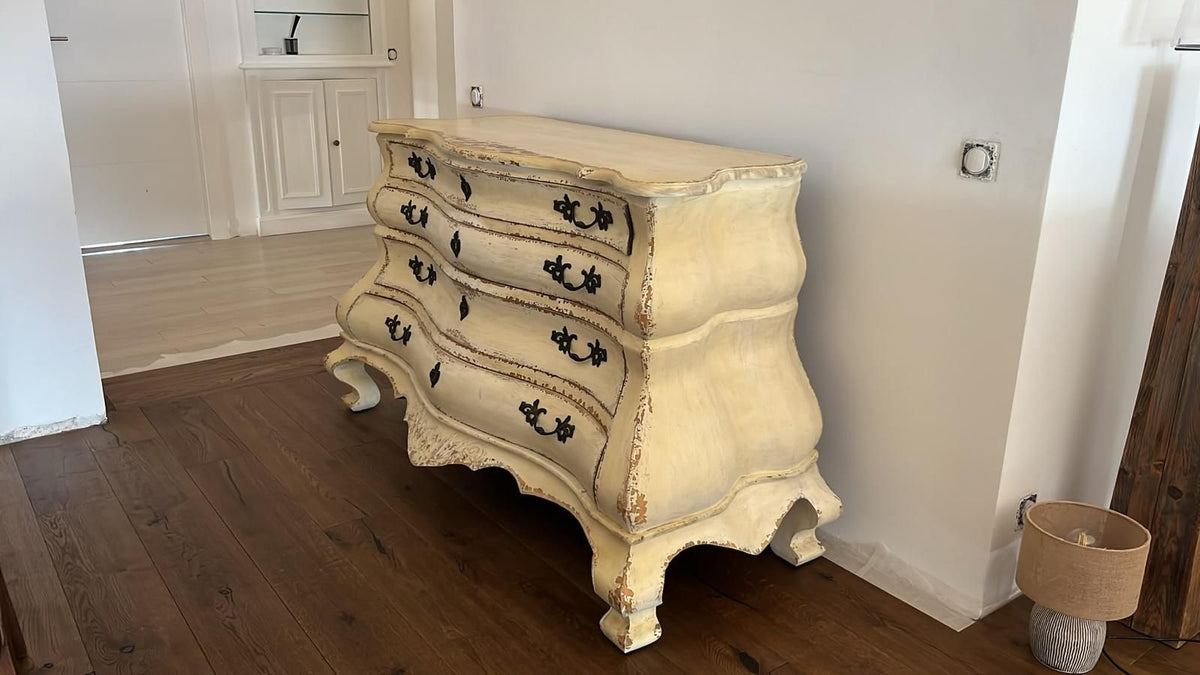 Progetto Home Bombé Chest of Drawers in Distressed Cream Finish