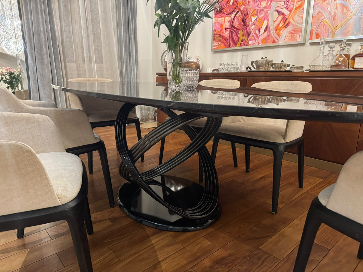 Bontempi Casa Fusion Oval Glass Dining Table with Six Upholstered Chairs