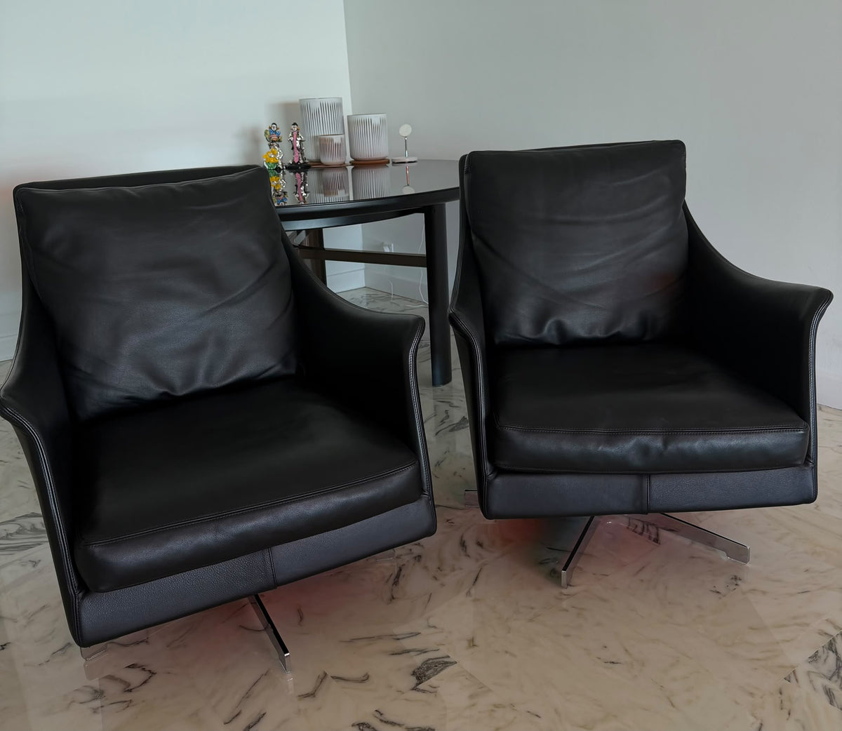 Pair of Flexform Boss Black Leather Swivel Armchairs