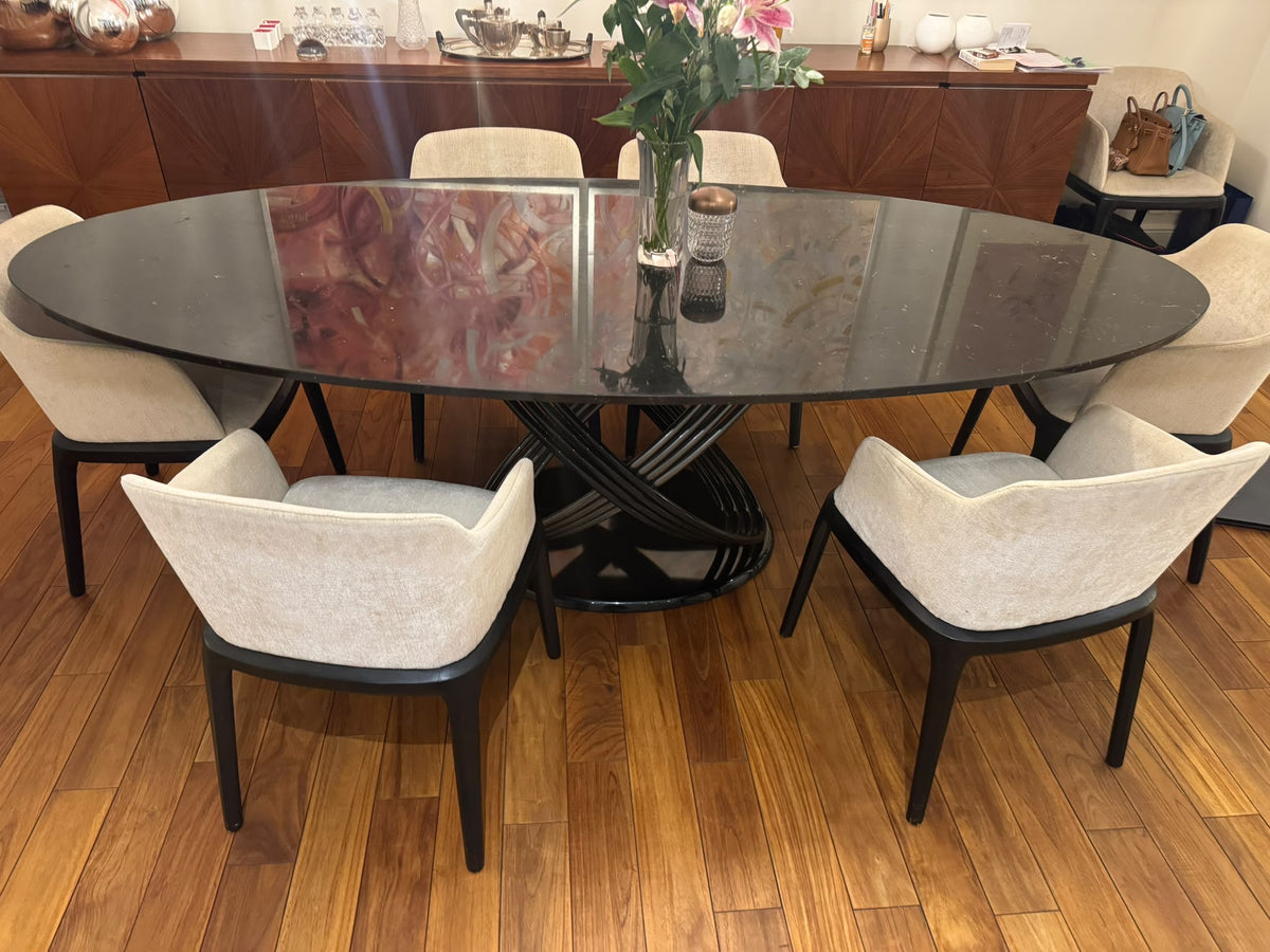 Bontempi Casa Fusion Oval Glass Dining Table with Six Upholstered Chairs