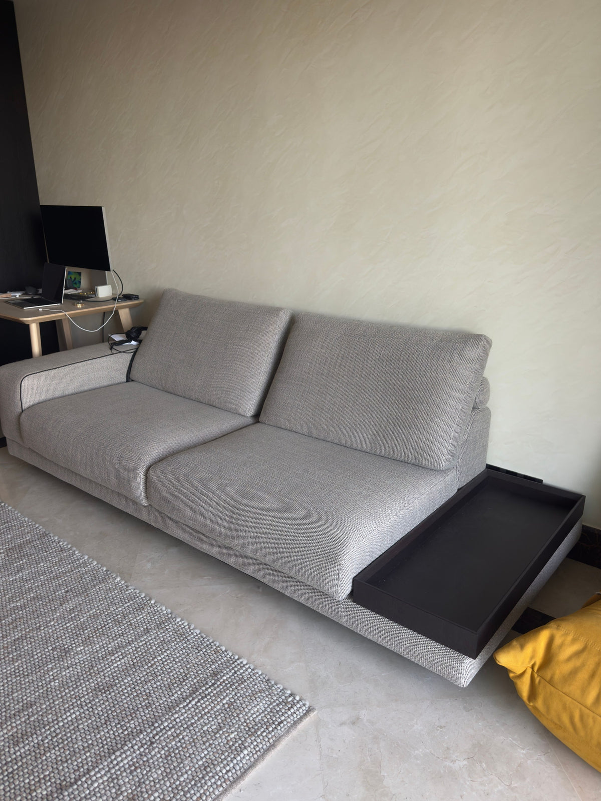 Roche Bobois Altéa Three-Seater Sofa in Cream Woven Fabric with Wood Side Tray