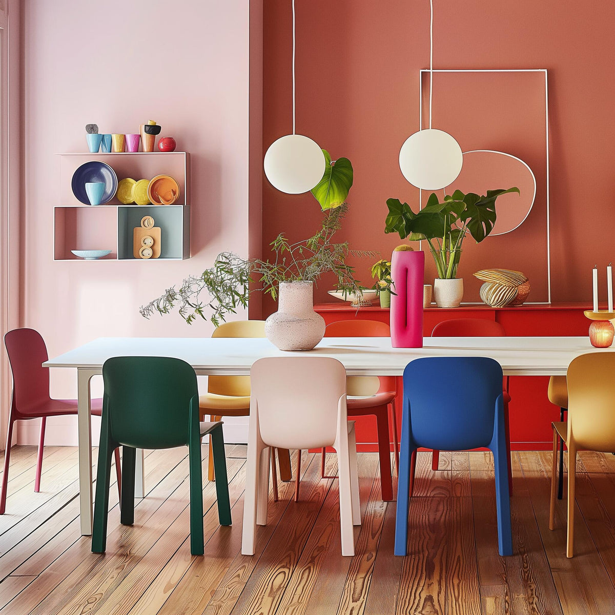 Colourful dining room with a white table, coloured chairs and globe pendant lights