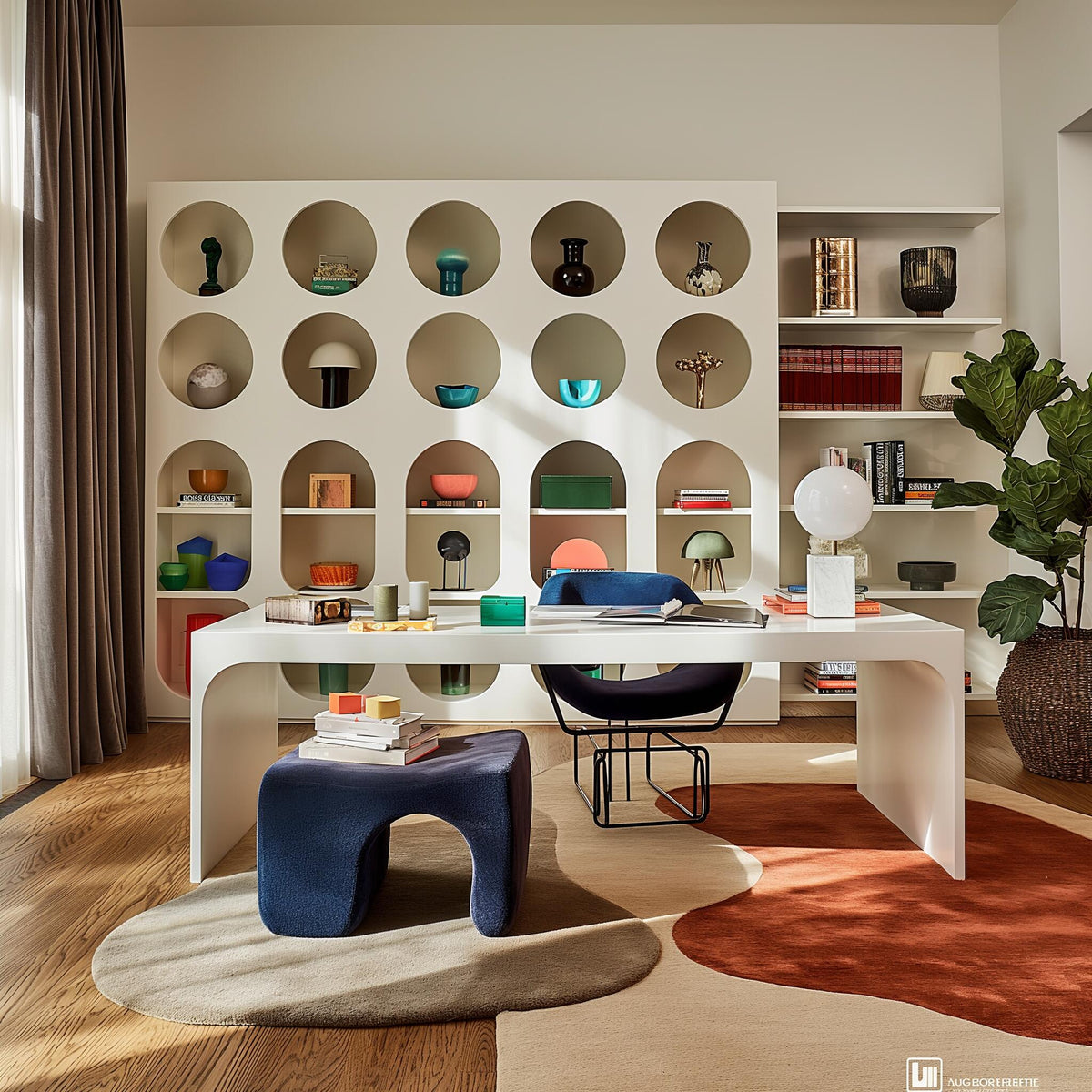 Calm home study with a white desk, open shelving and a navy stool