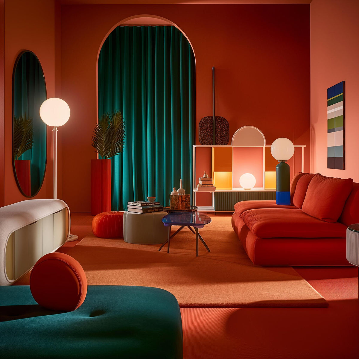 Living room with a coral sofa, a teal velvet curtain in an arched opening and globe lamps
