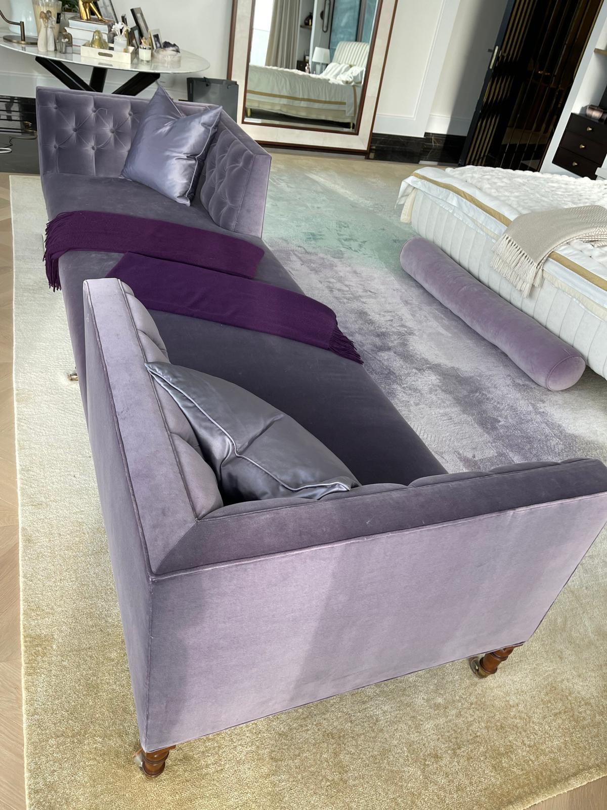 Yvette Stokes Casa Armani purple velvet lounge sofa with plush cushions and modern design, perfect for stylish living rooms.