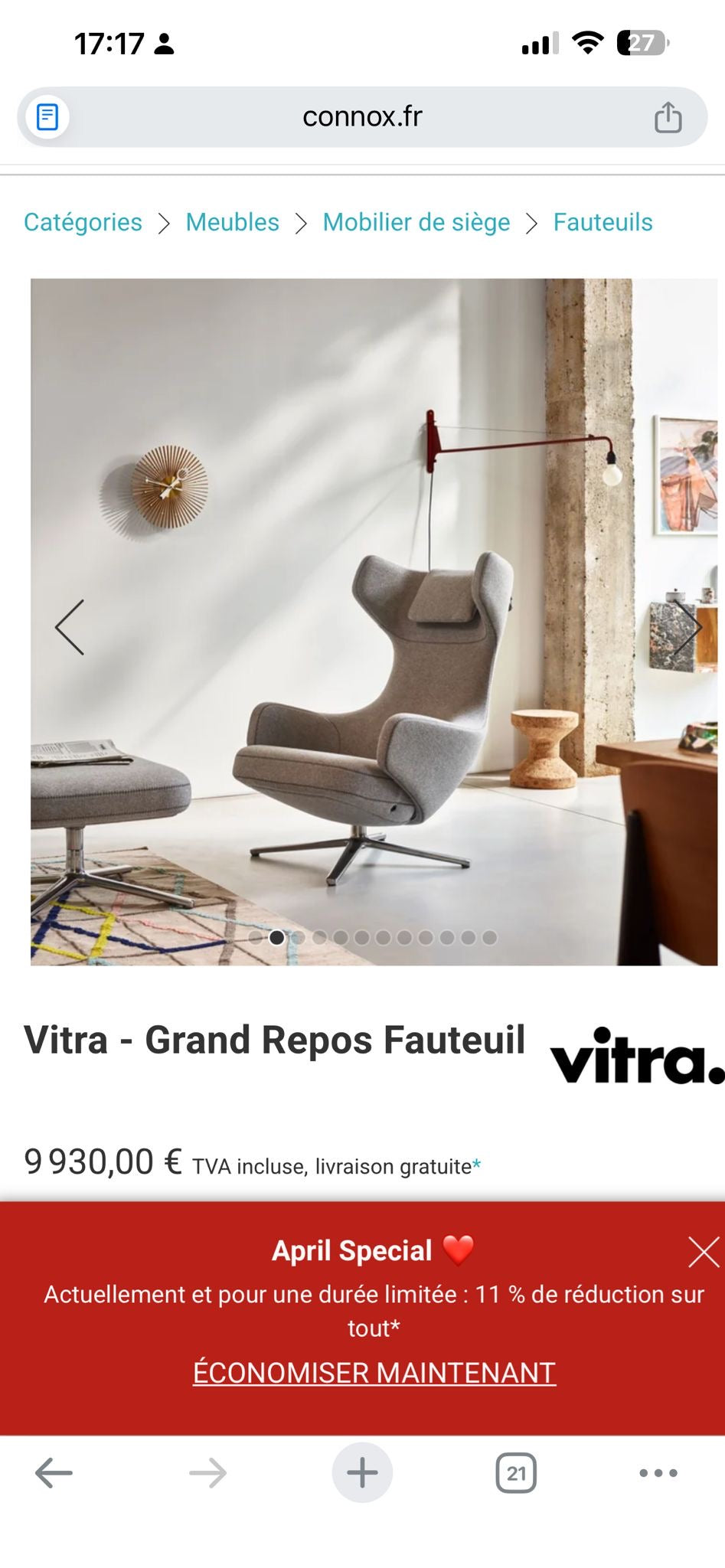 Vitra Grand Repos lounge chair and ottoman by Jack Whatsapp, featuring plush upholstery and modern design in a stylish living room setting.