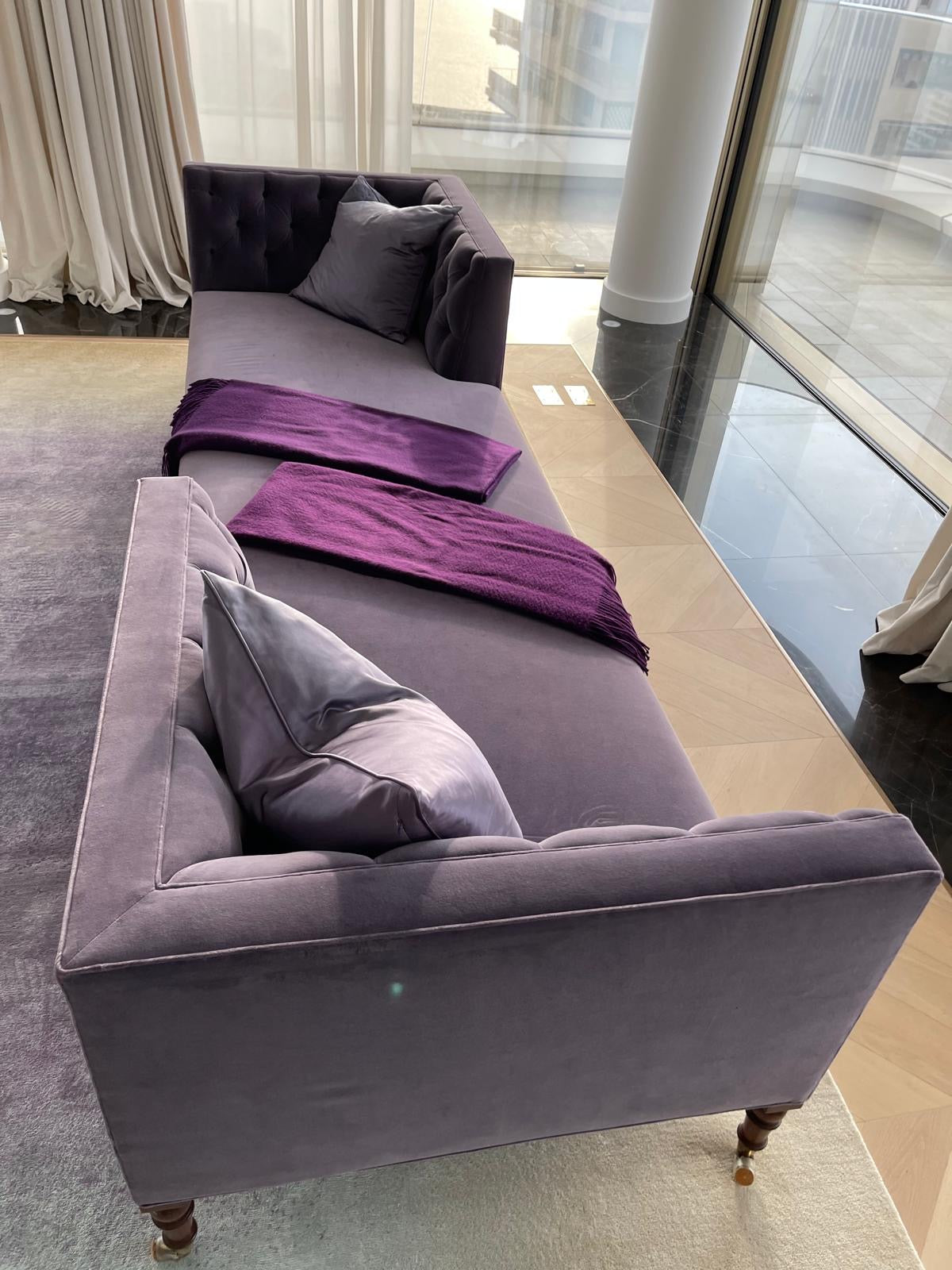 Purple velvet lounge sofa by Yvette Stokes, Casa Armani Reserve collection, showcasing plush fabric and elegant design.