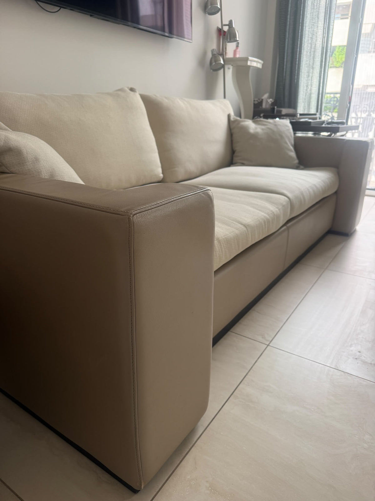 Fendi Casa Sofa in Taupe Leather and Cream Fabric