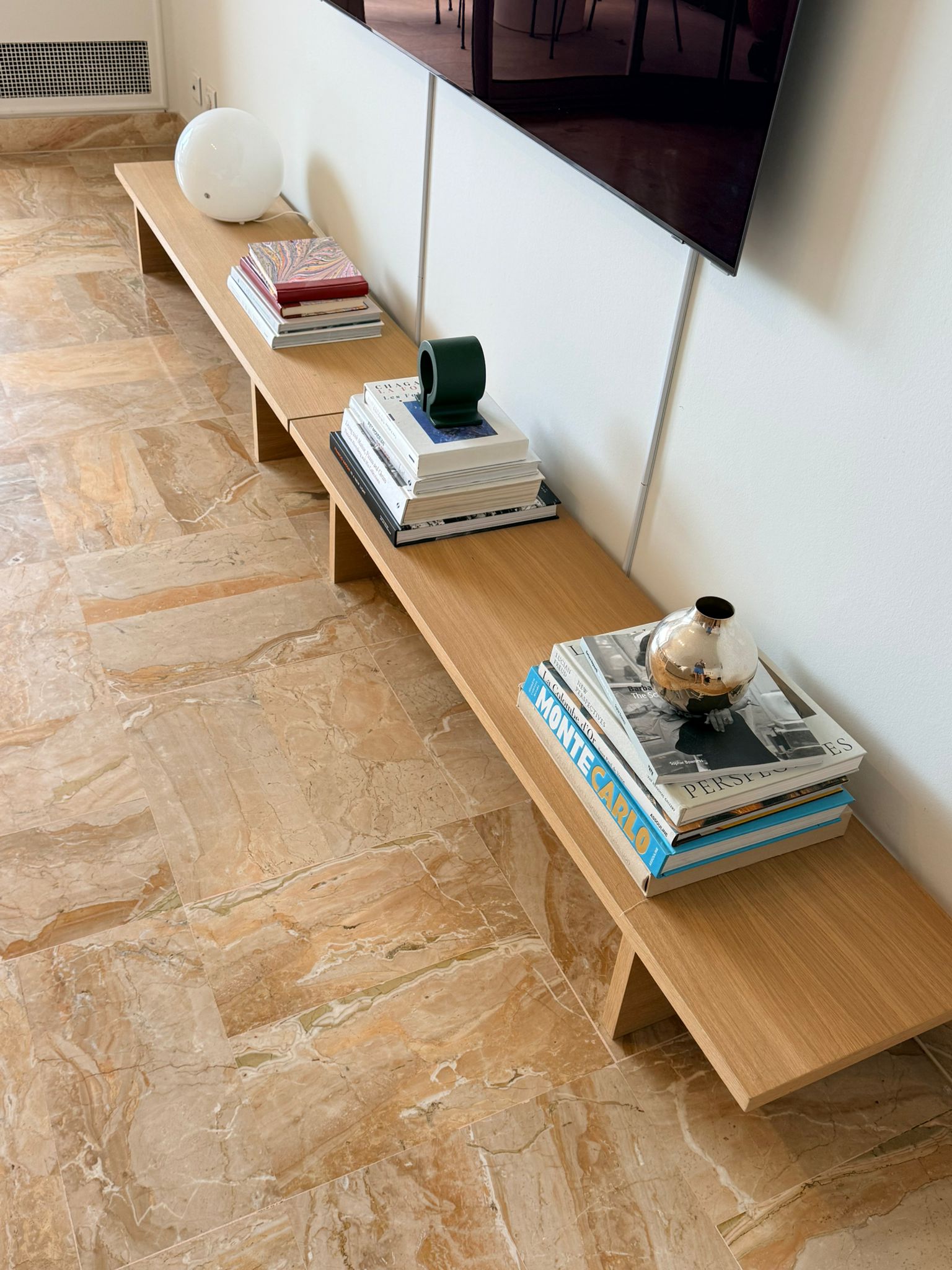 Pair of Ferm Living oak console tables or benches by Charlotte Isackson, showcasing sleek wooden design and natural finish.