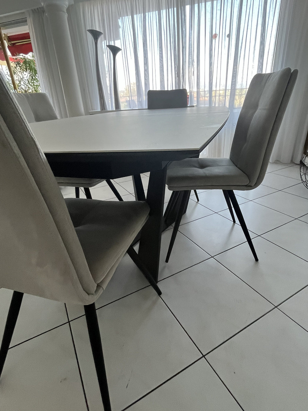 Set of Four Mobilier de France Dining Chairs in Light Grey Suede-Effect Fabric