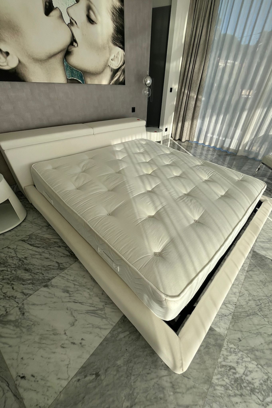 Master Bed Frame With Mattress – Upholstered | Neutral Fabric