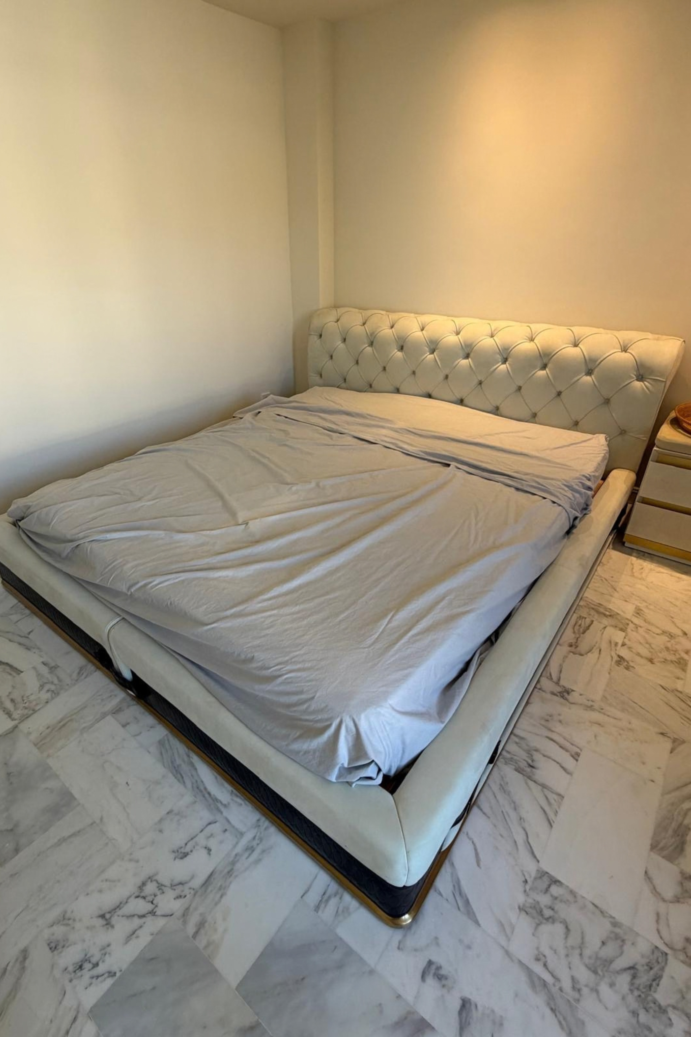 Visionnaire by Eleonore Cavalli King Size Bed in Cream Alcantara, Leather & Bronze