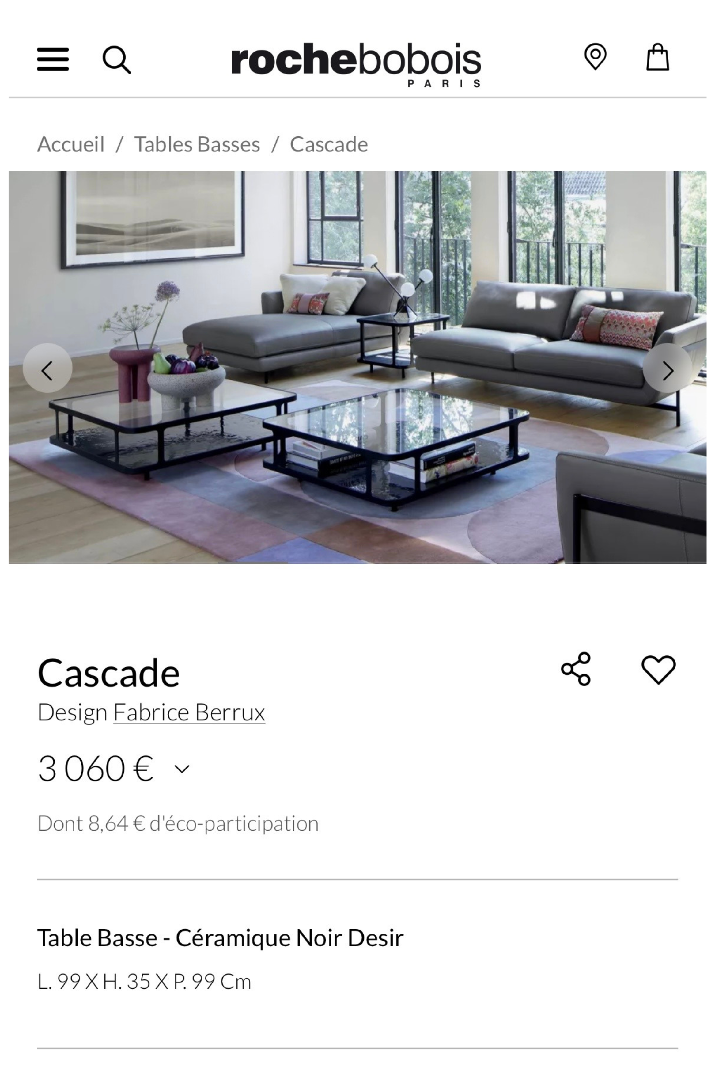 Roche Bobois Cascade coffee table in noir désir ceramic with sleek black finish, designed by Melanie Gouchon.