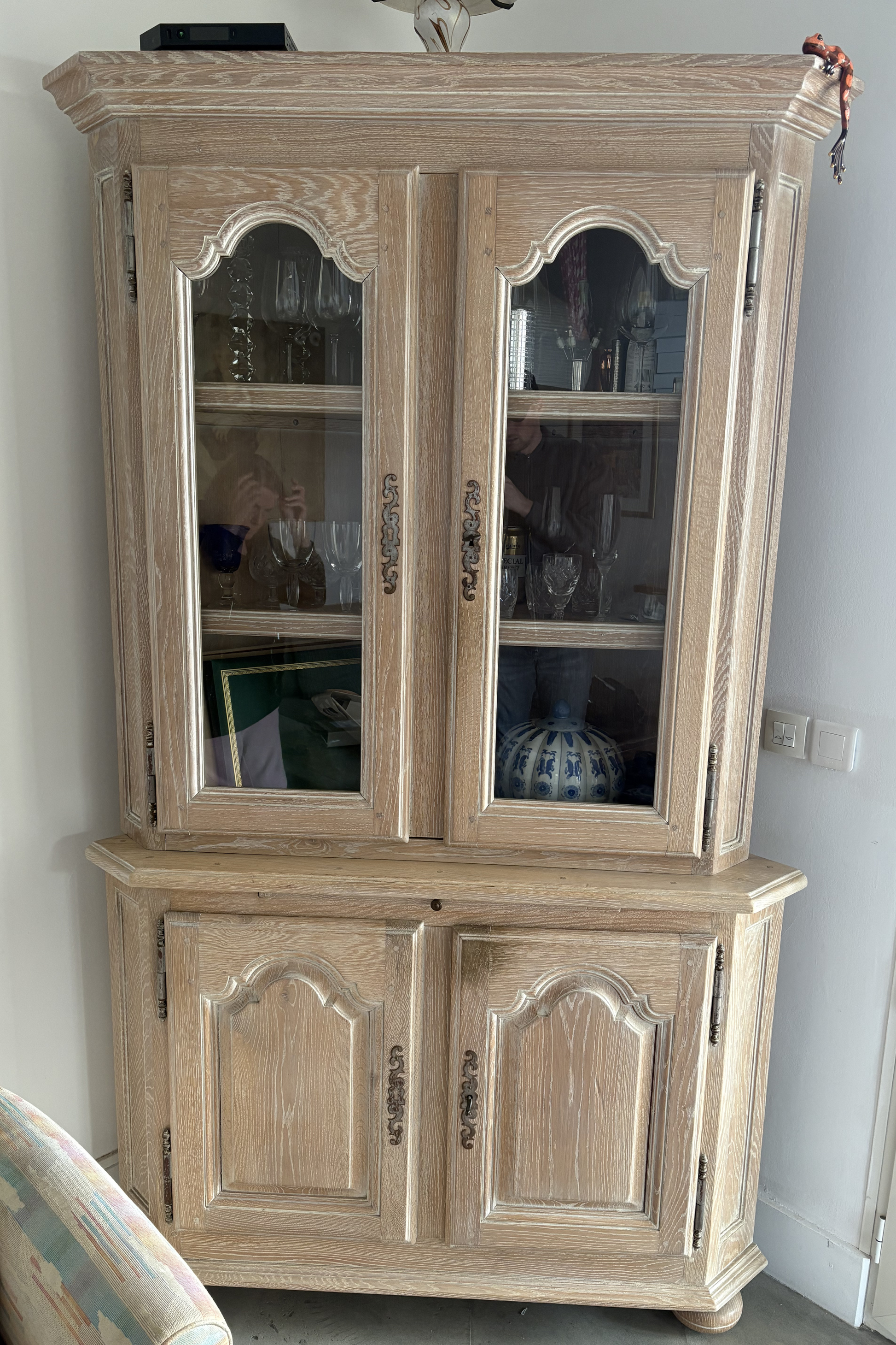 Solid ash corner drinks cabinet by Frances Bilham, featuring display shelves and storage for beverages and glassware.