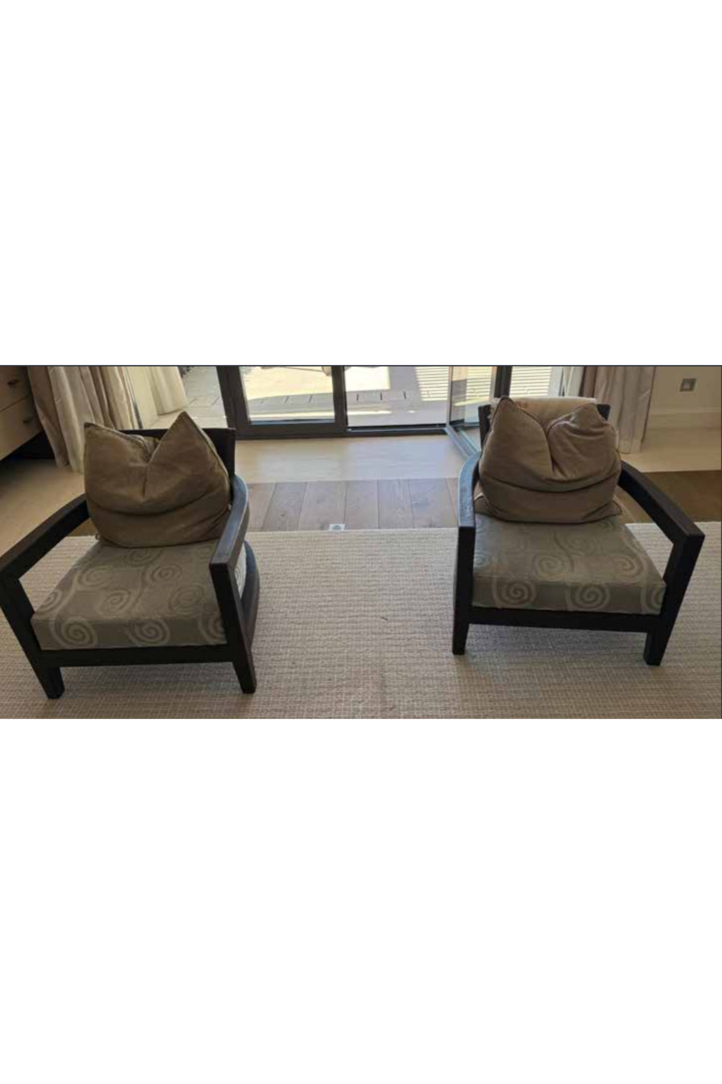 Pair of Pierre Frey Armchairs – Dark Wood & Natural Linen - Meubles Monaco