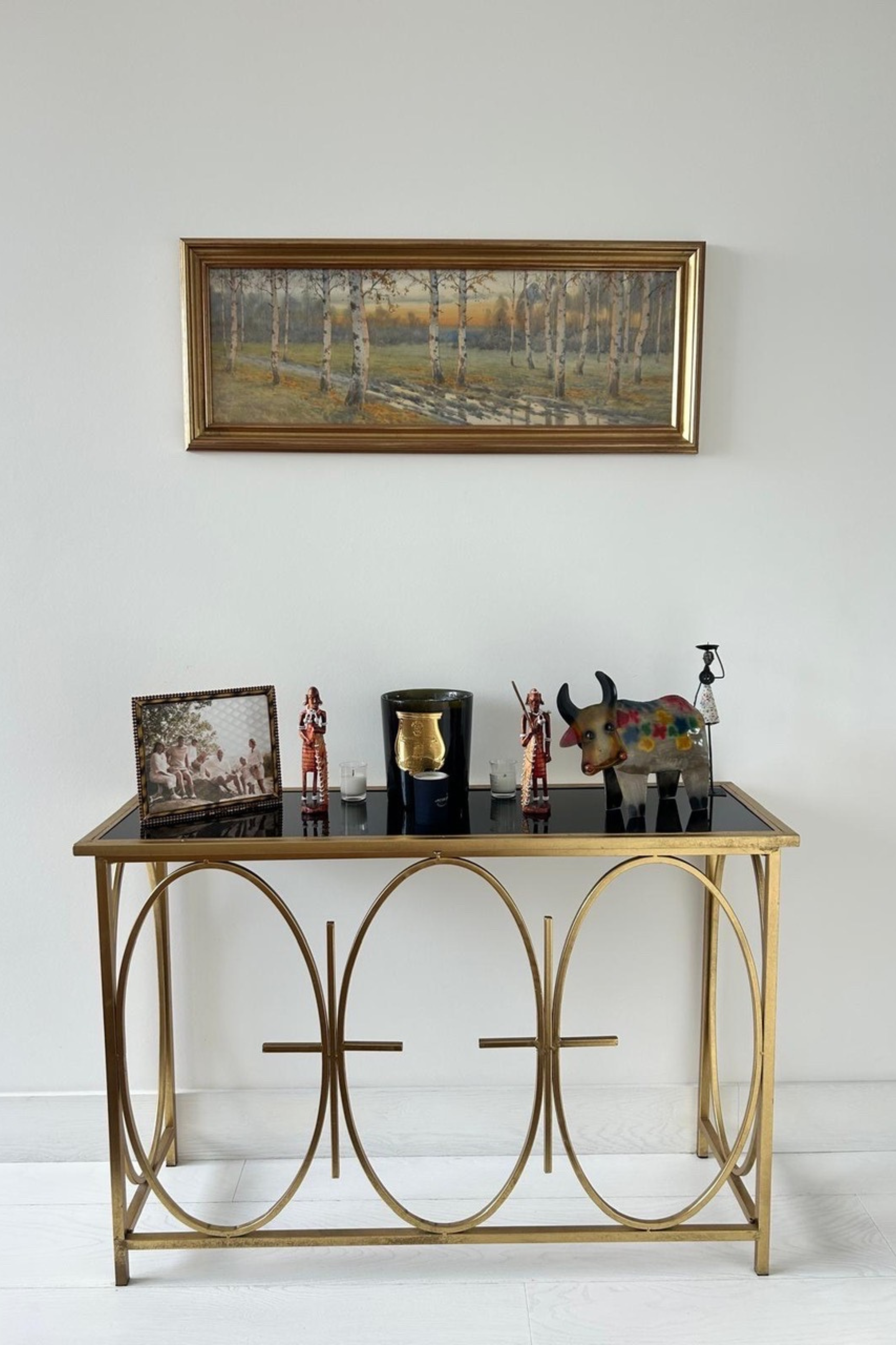 Gold Metal and Black Glass Console Table - Meubles Monaco