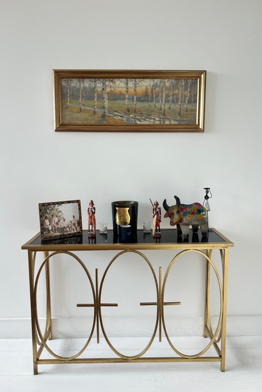 Gold Metal and Black Glass Console Table