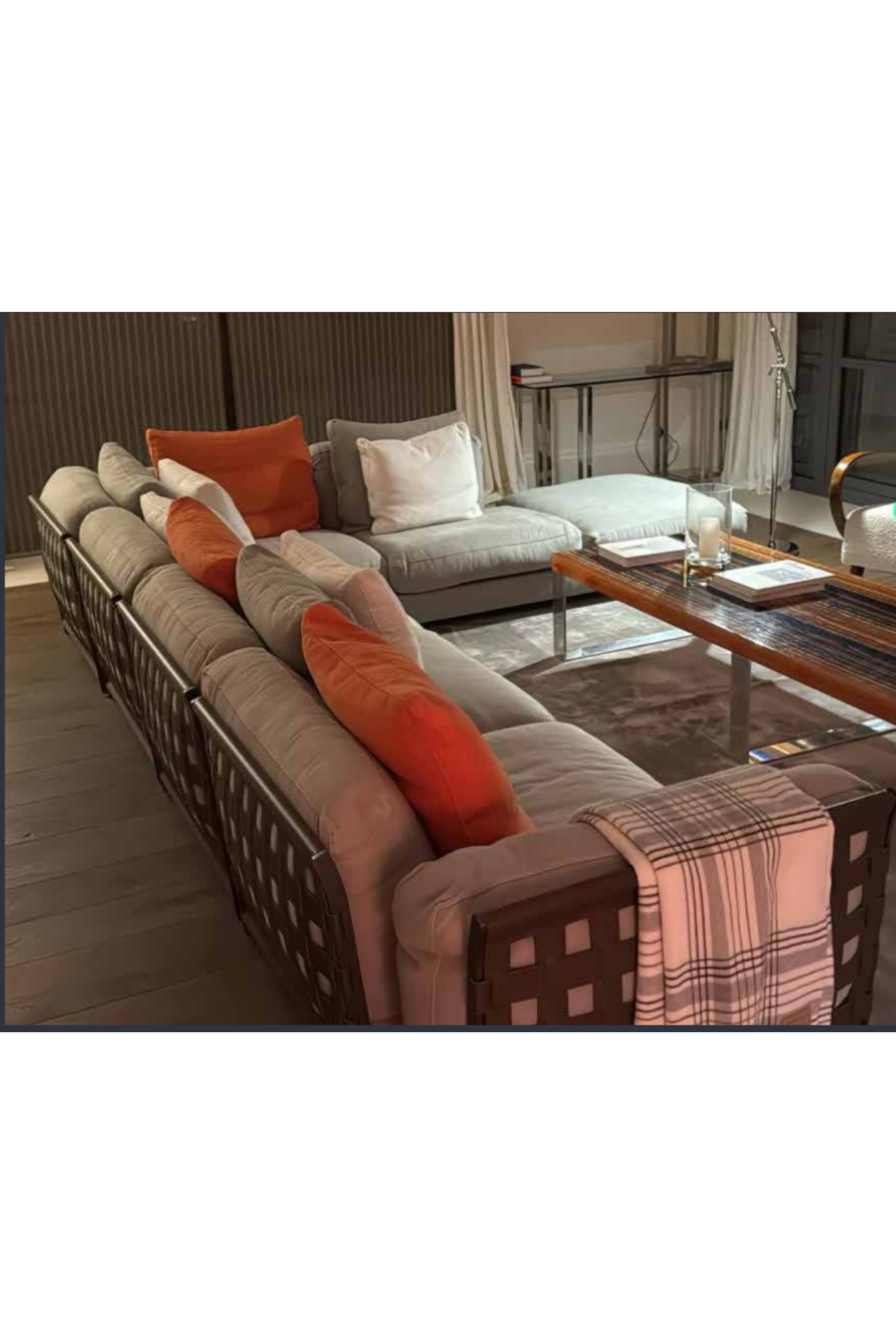 Large Pierre Frey Modular Sofa (Leather Weave Detail) - Meubles Monaco