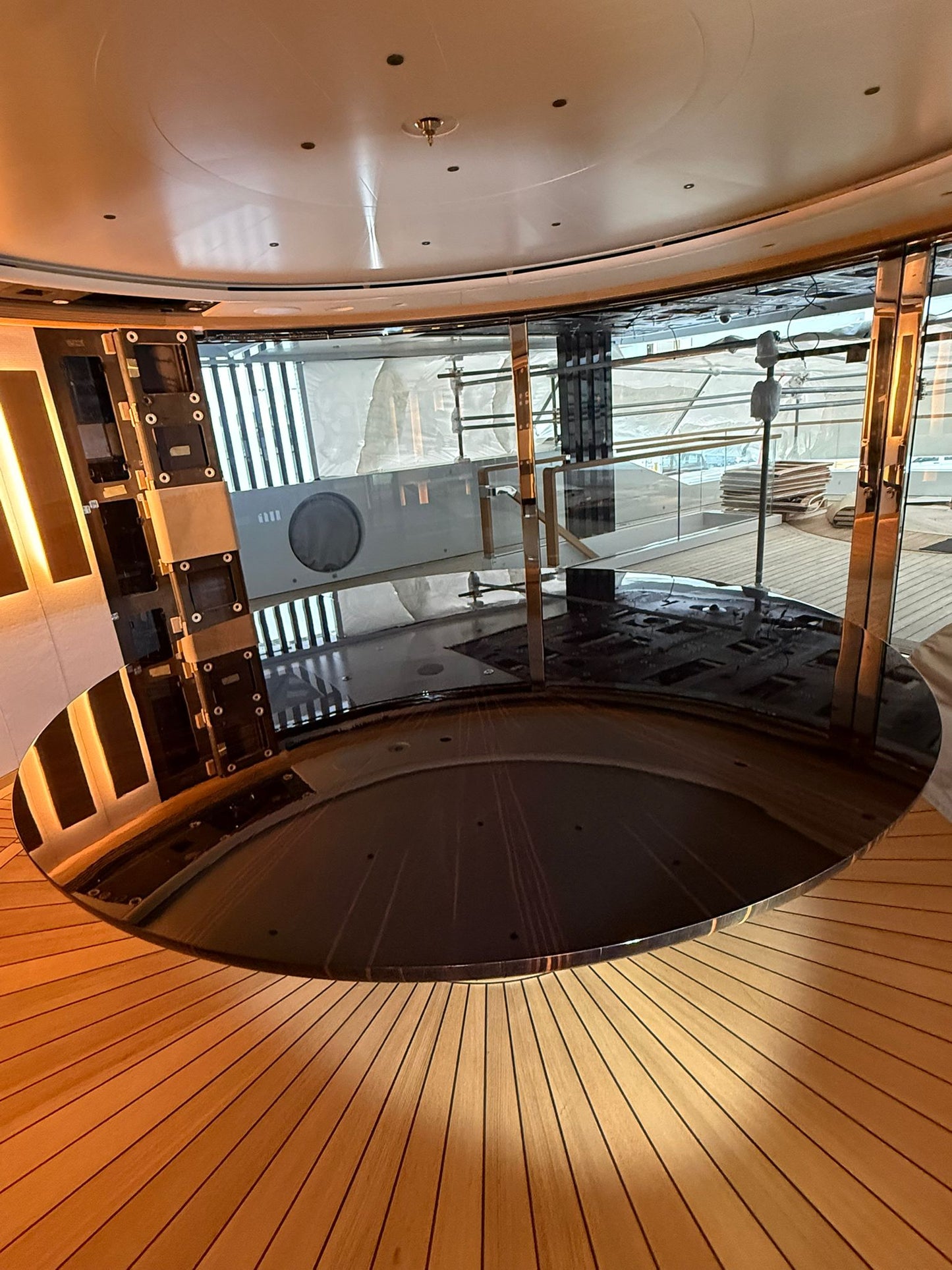 Custom yacht dining table by Ilyana Popova, 250 cm diameter, elegant bespoke piece designed for luxurious marine dining spaces.