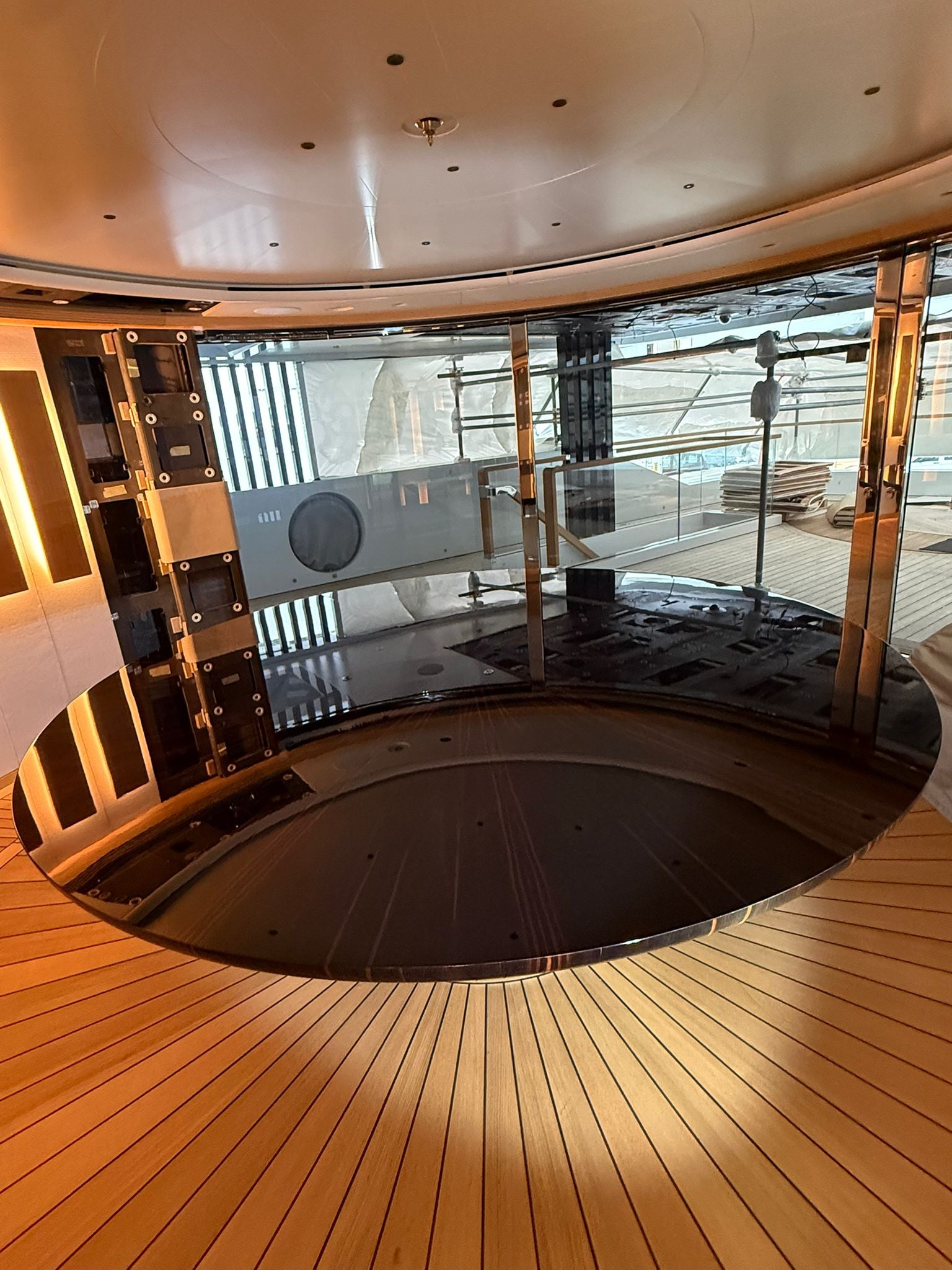 Custom yacht dining table by Ilyana Popova, 250 cm diameter, elegant bespoke piece designed for luxurious marine dining spaces.