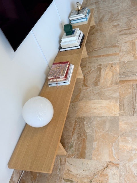 Set of two Ferm Living oak console tables or benches with sleek, minimalist design by Charlotte Isackson.