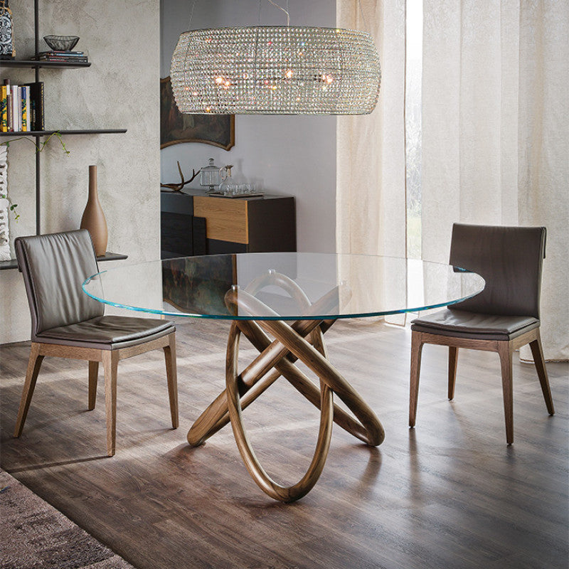 Cattelan Italia Round Glass Dining Table with Sculptural Walnut Base – 160cm